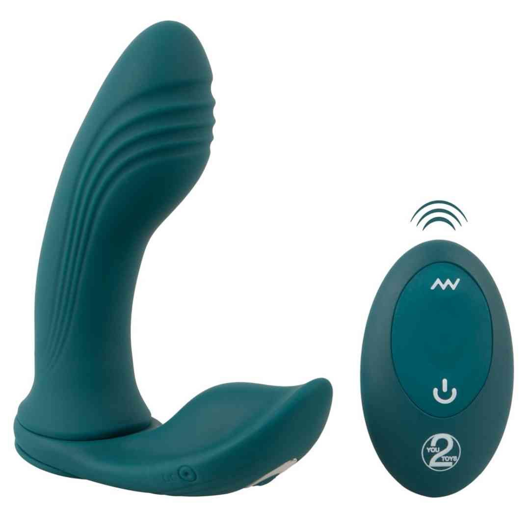 Tealfarbener Vibrator mit abgerundeter Form und Fernbedienung. Logo 'YOU 2 TOYS' auf der Fernbedienung.