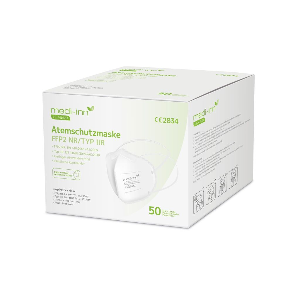 Weiße Atemschutzmasken-Box. Aufschrift: medi-inn, Atemschutzmaske FFP2 NR/TYP IIR, 50 Stück. CE 2834.