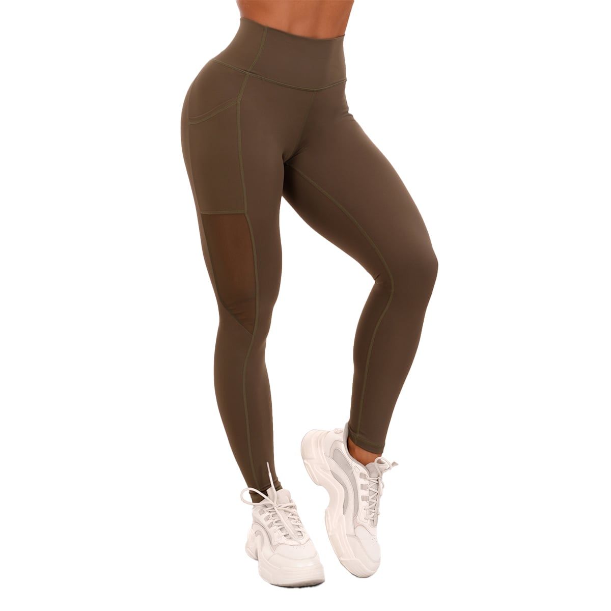 GymBeam Leggings Damen hohe Taille Mesh-Panel Taschen Olive 1 St