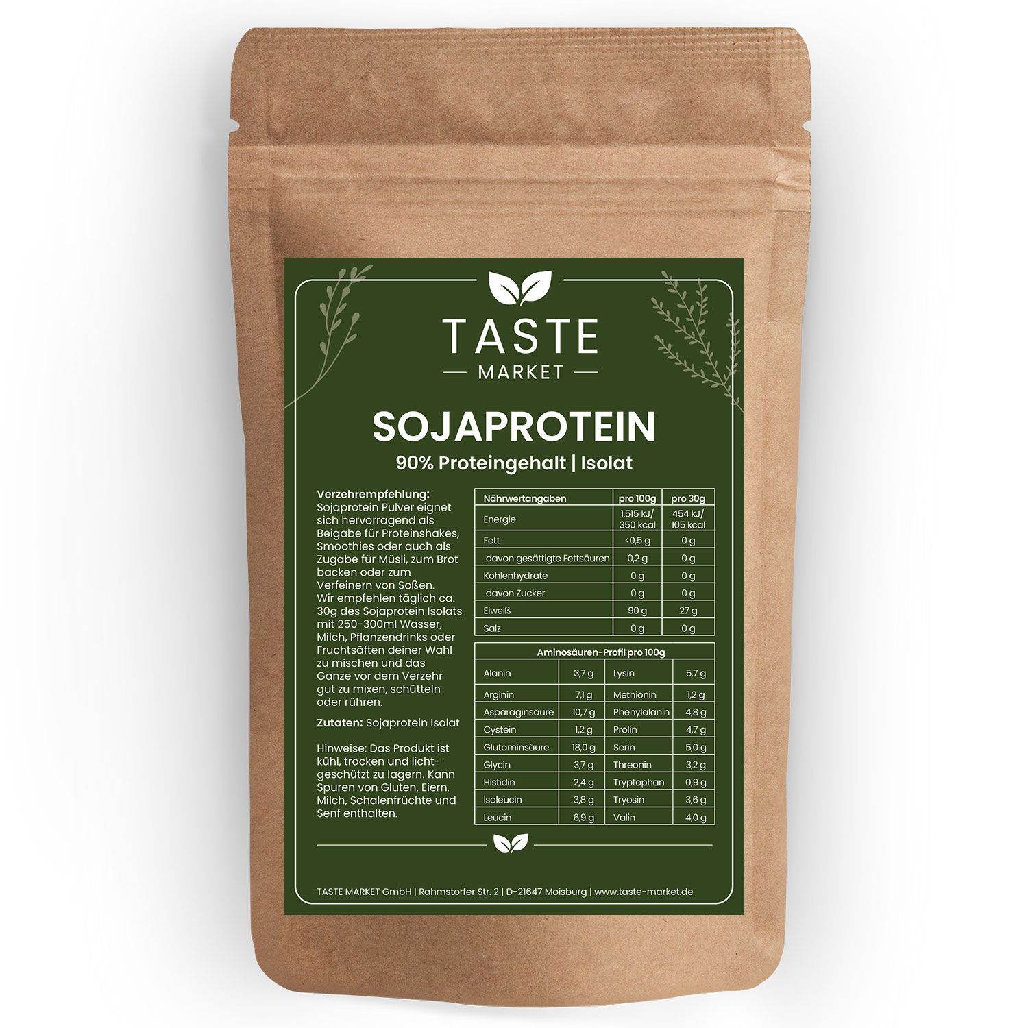 Braune Standbodenbeutel mit Sojaprotein-Pulver, 90% Proteingehalt.
