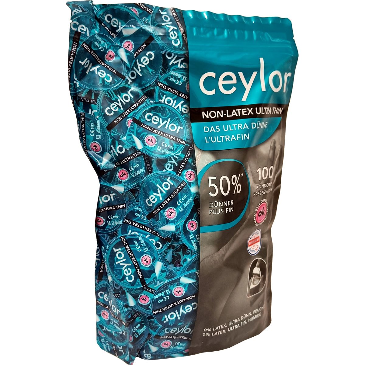 Beutel mit Kondomen. Aufschrift: Ceylor, Non-Latex Ultra Thin, 50% dünner, 100 Stück. Einzelverpackungen mit Produktnamen.