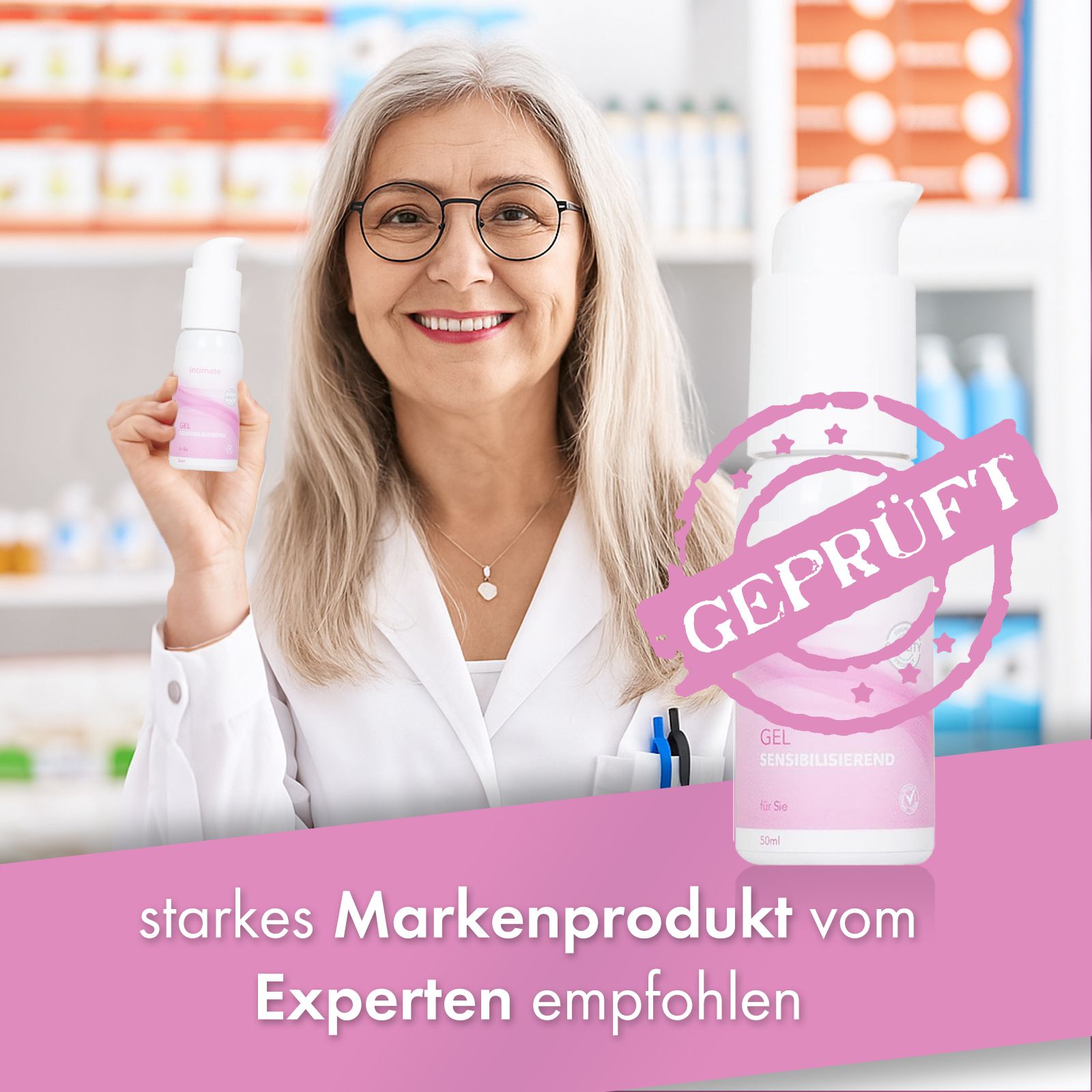 Produktflasche mit Pumpkopf. Aufschrift: Intimate, Gel sensibilisierendes. Rosa Design. Text: Starkes Markenprodukt vom Experten empfohlen.