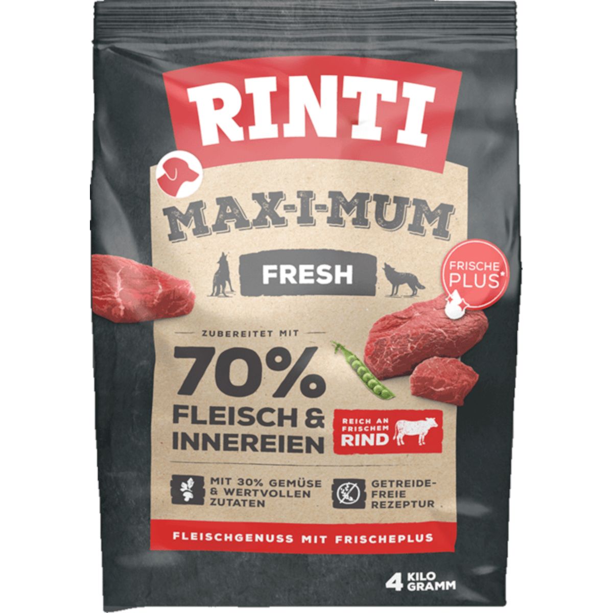Rinti Max-i-Mum Rind: Hundefutter mit 70% Fleisch & Innereien, 30% Gemüse, getreidefrei. 4 kg.