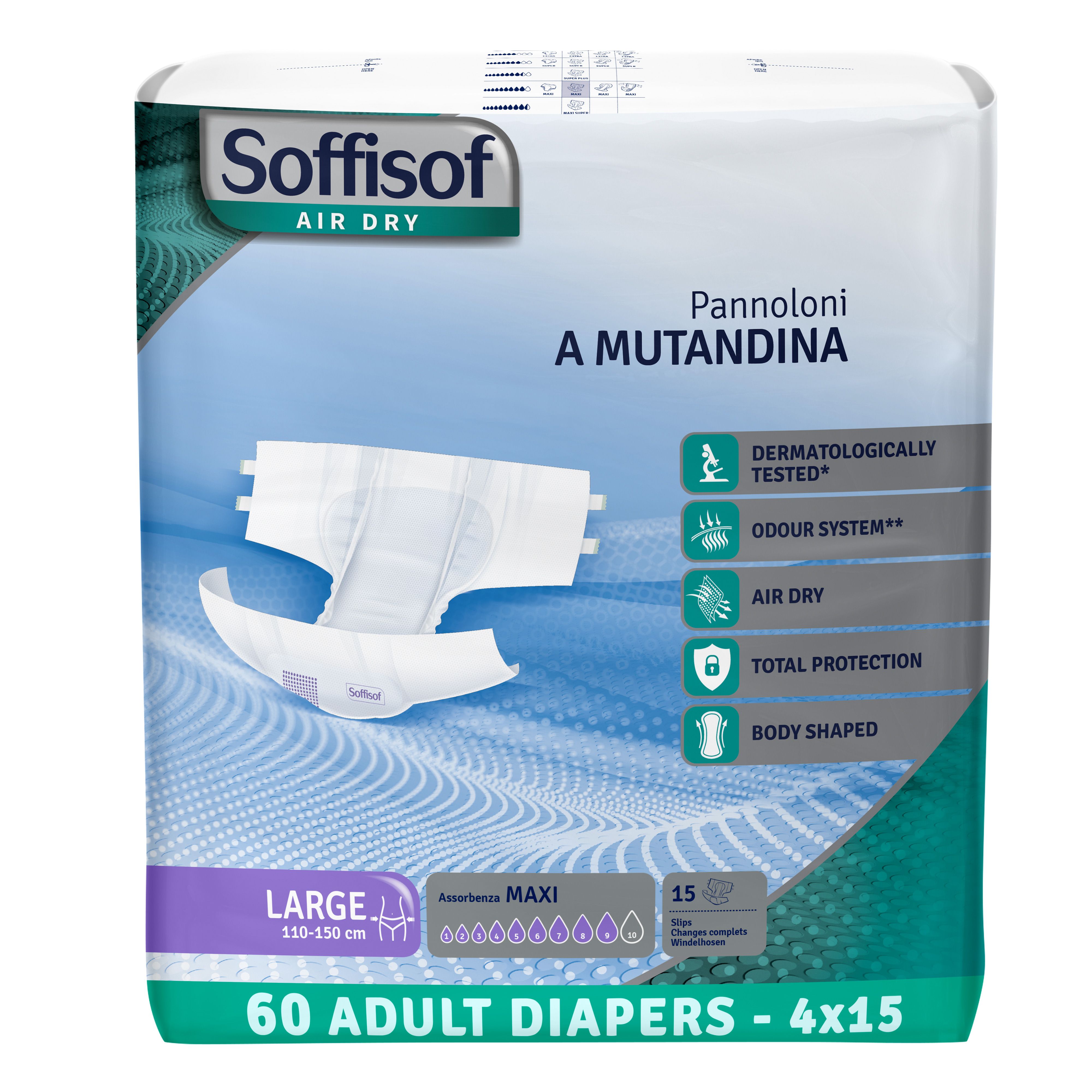 Soffisof Air Dry Maxi volwassen luiers. Blauw-witte verpakking. Maat Large, 60 stuks.