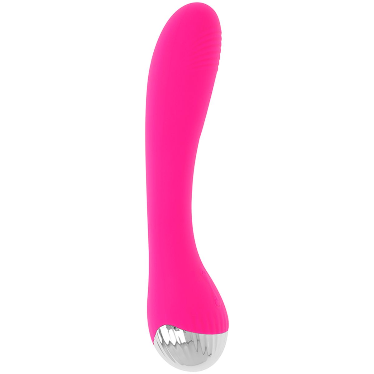 Pinkfarbener Vibrator mit silberfarbenem Kopf. Gebogene Form. Geriffelte Oberfläche am Kopf.