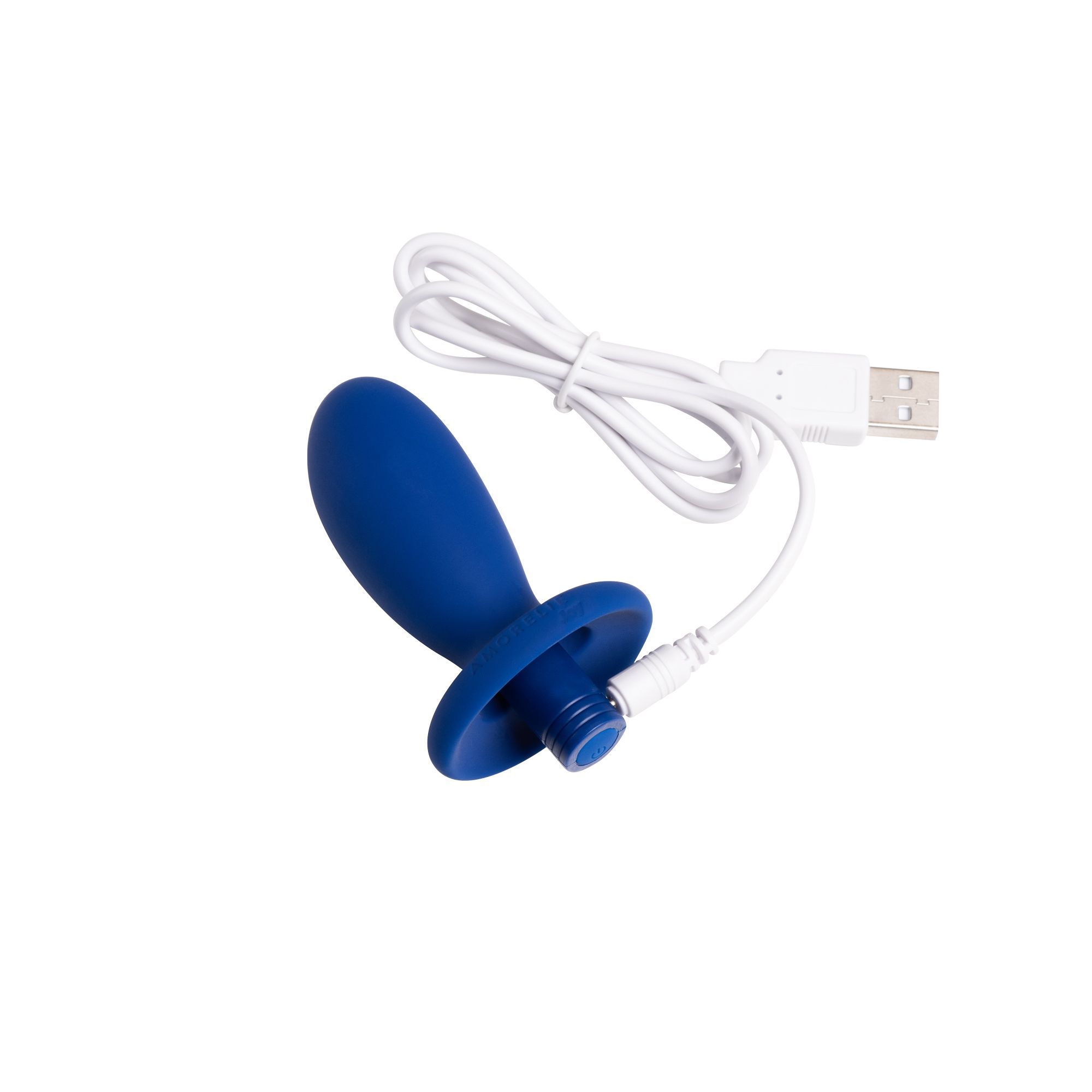Blauer Analplug mit weißem Ladekabel. Das Kabel hat einen USB-Anschluss.