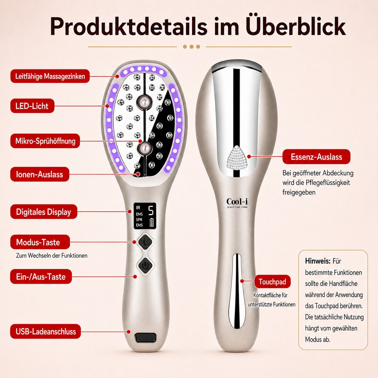 Produktdetails: Massagezinken, LED, Sprühfunktion, Ionen, Display.