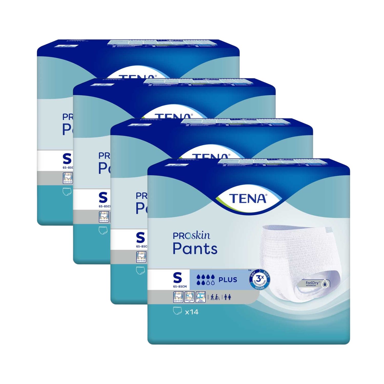 Vier Packungen TENA ProSkin Pants Plus, Größe S. Blaue Verpackung mit Produktabbildung und Text. 14 Stück pro Packung.