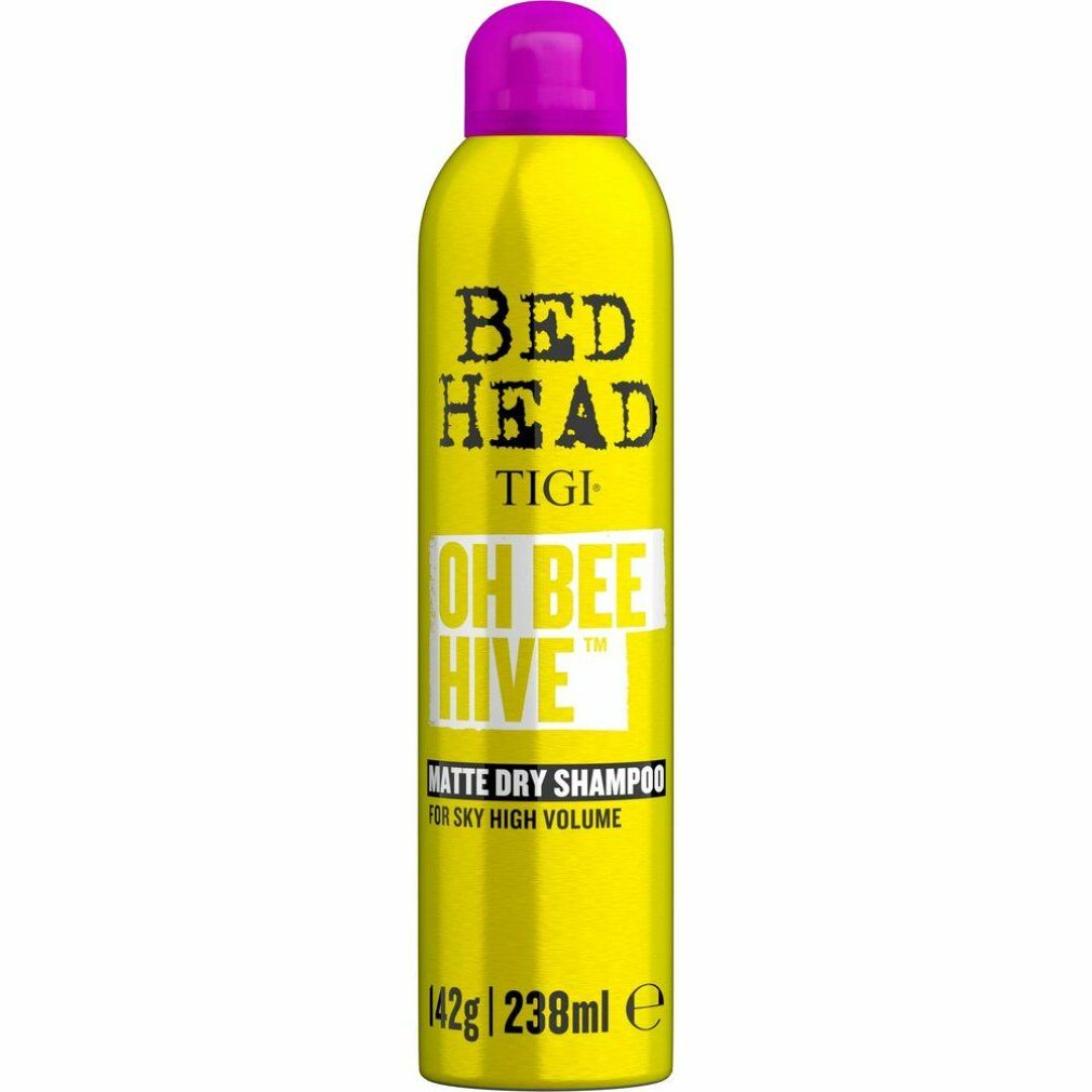 Gelbe Sprühflasche mit pinkfarbenem Deckel. Aufschrift: Bed Head, Tigi, Oh Bee Hive, Matte Dry Shampoo. Volumen: 238ml.