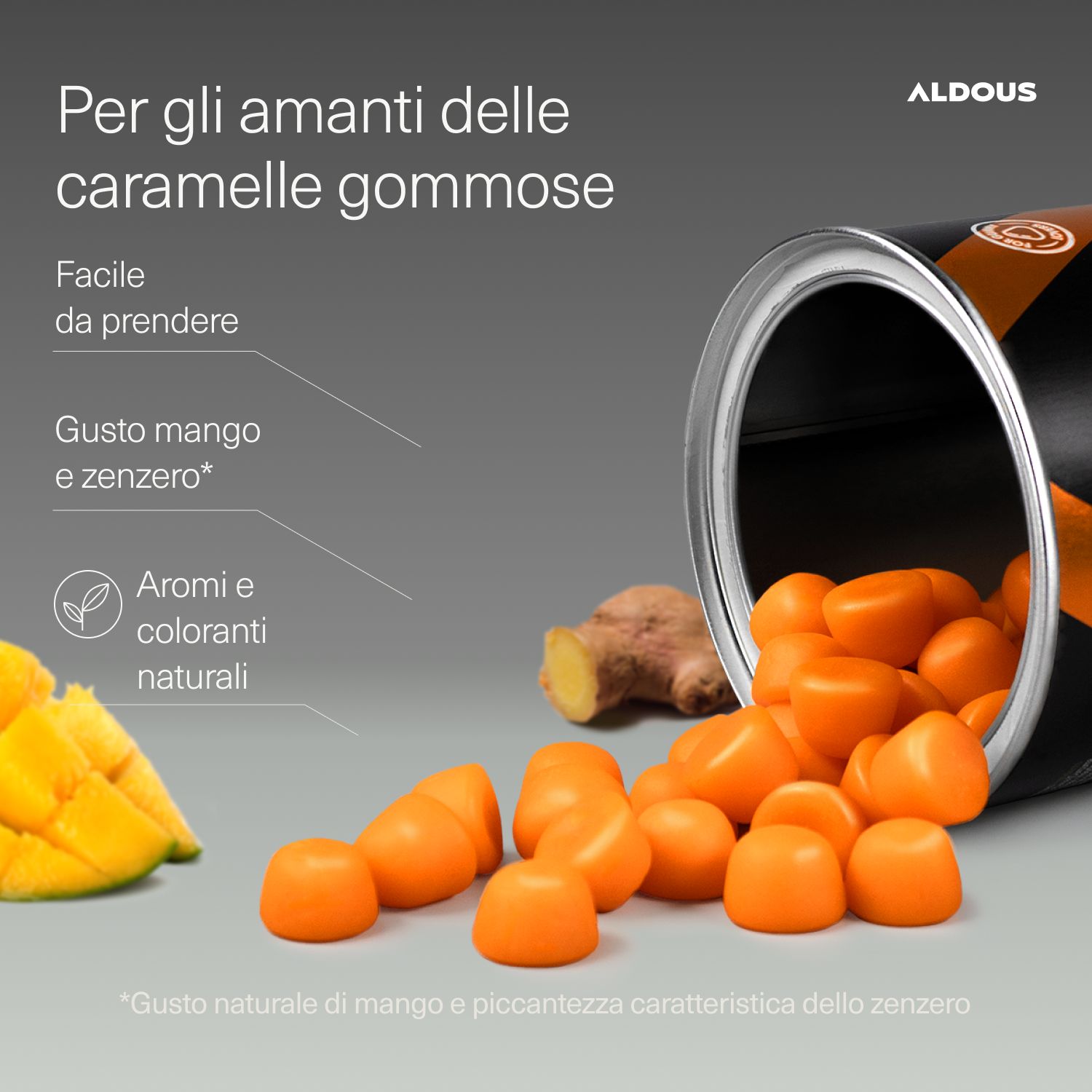 Aldous Curcuma Gummies: Mango und Ingwer Geschmack. Natürliche Aromen.
