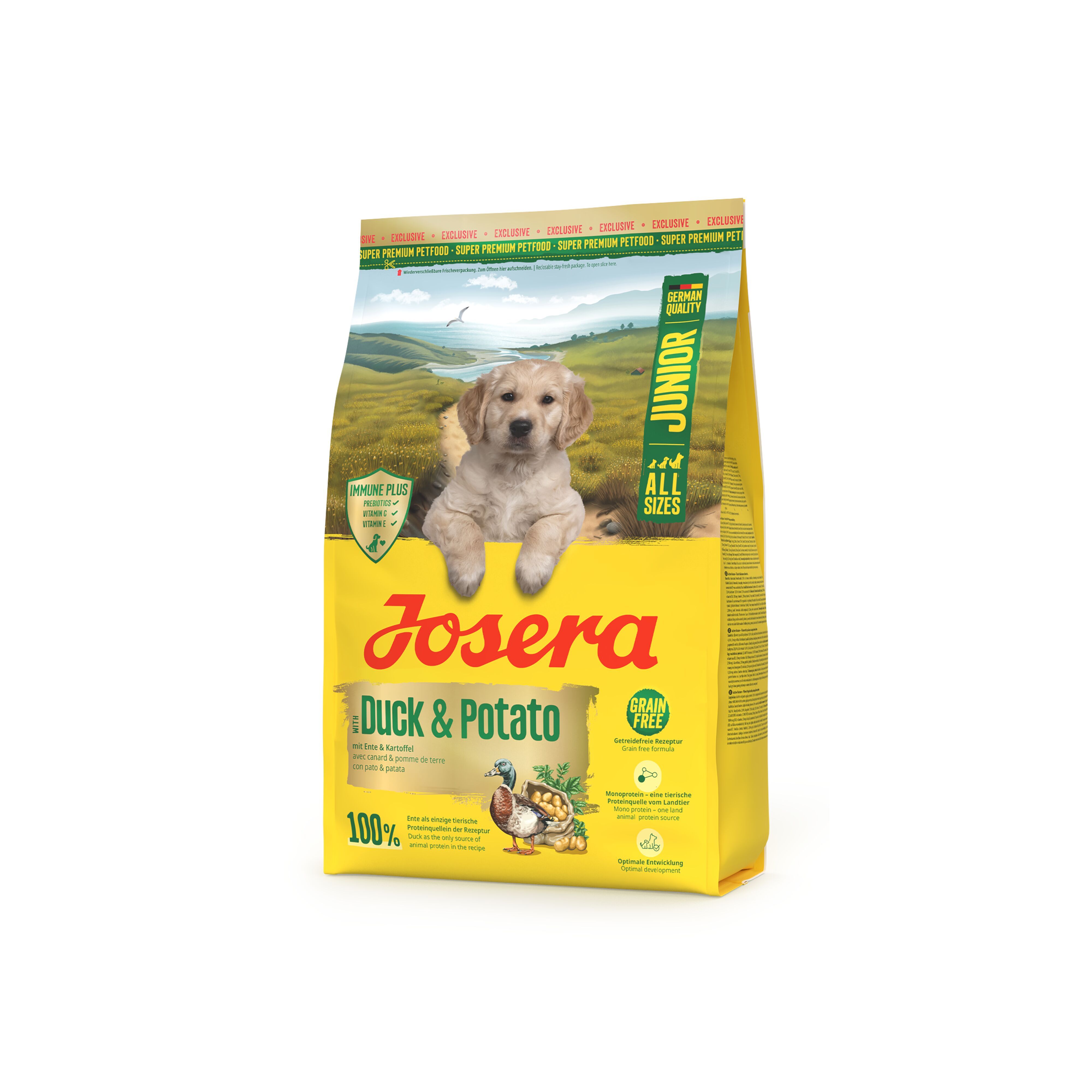 Gelbe JOSERA-Tasche mit "Junior Duck & Potato"-Aufdruck. Abgebildet ist ein Welpe, eine Ente und Kartoffeln. "Grain Free"-Logo.