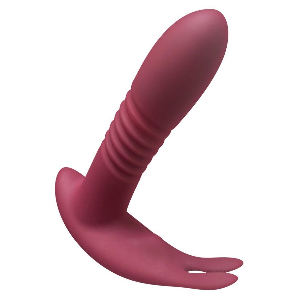 Burgunderfarbener Vibrator mit geriffelter Oberfläche und doppelter Spitze.