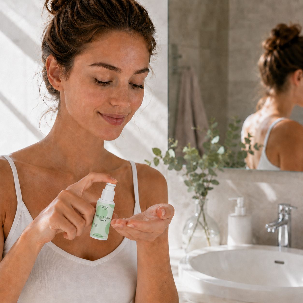 Frau hält Serumflasche. Flasche grün-weiß, Text: Zero Skin, Renew & Glow Serum. Badezimmerhintergrund.