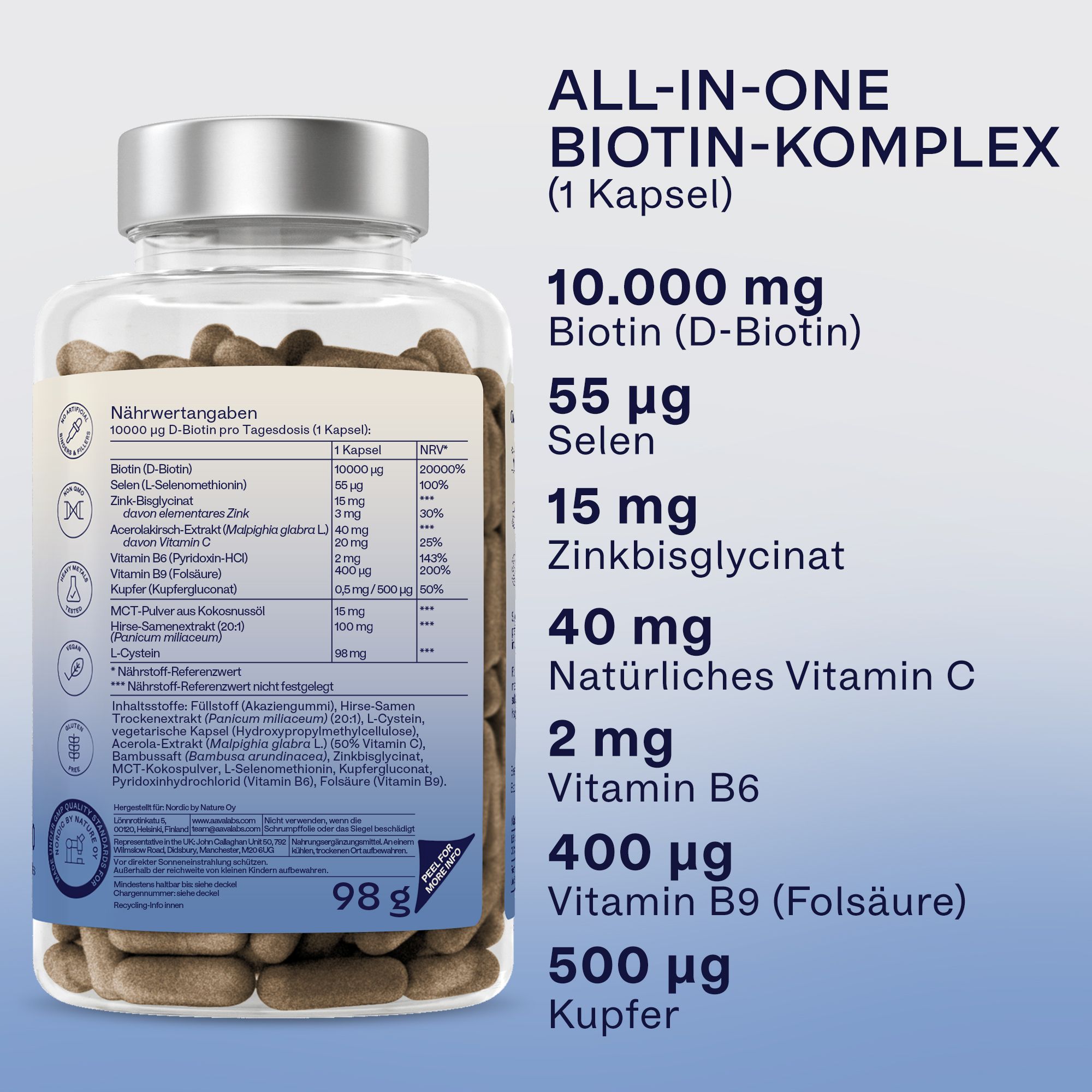 Aavalabs Biotin Komplex Flasche mit detaillierter Auflistung von Inhaltsstoffen und Mengen.