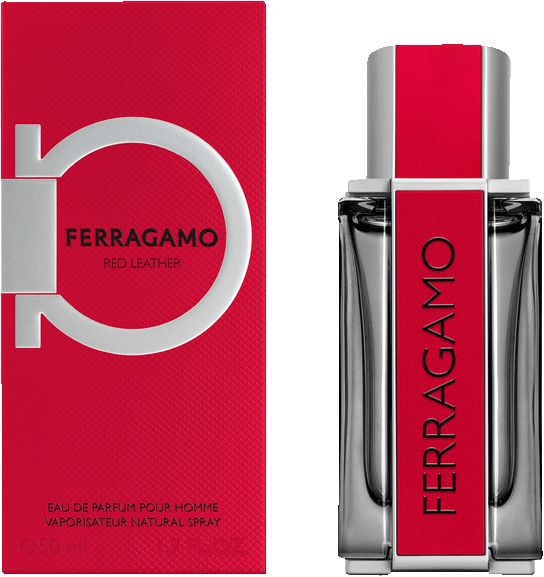 Salvatore Ferragamo Red Leather Eau de Parfum Flakon und rote Verpackung mit Gancini-Logo.