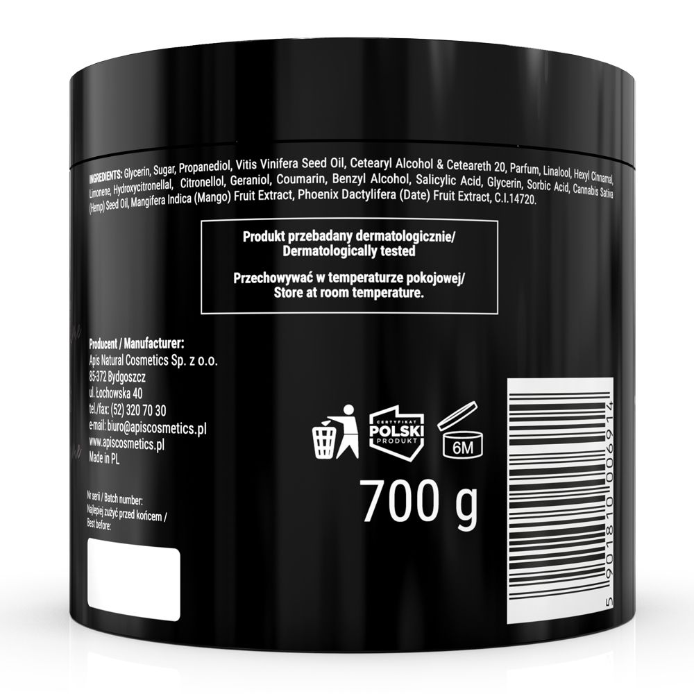 Schwarzer Tiegel, Rückseite mit Text und Inhaltsstoffen. Aufschrift: 700 g, dermatologisch getestet, 6M-Symbol.