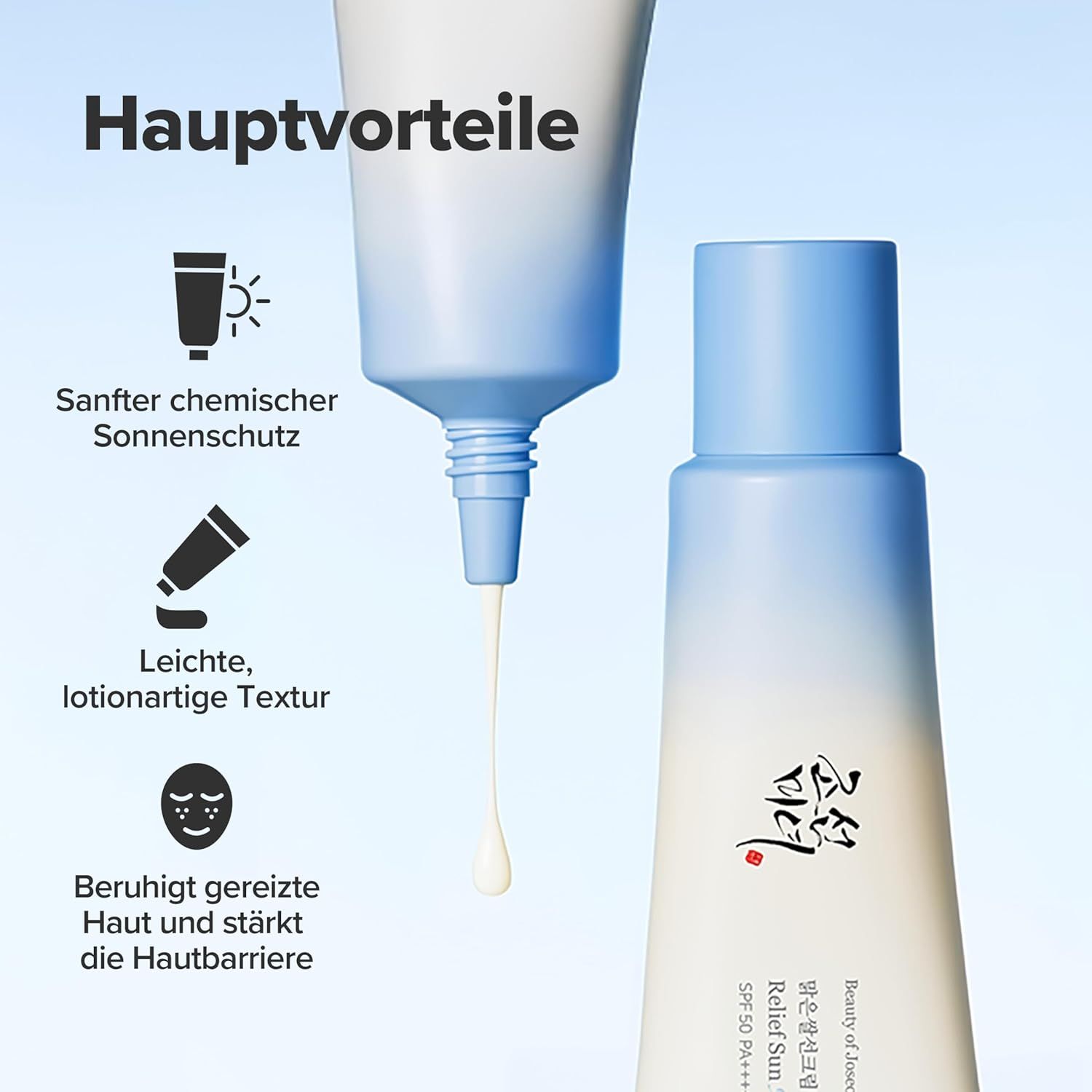 Nahaufnahme einer Tube Sonnencreme. Weißer Ausfluss. Text: Relief Sun Aqua-Fresh. Blauer Deckel.