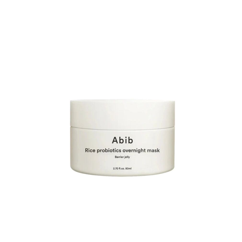 Weiße Dose mit 'Abib Rice probiotics overnight mask' Aufschrift.