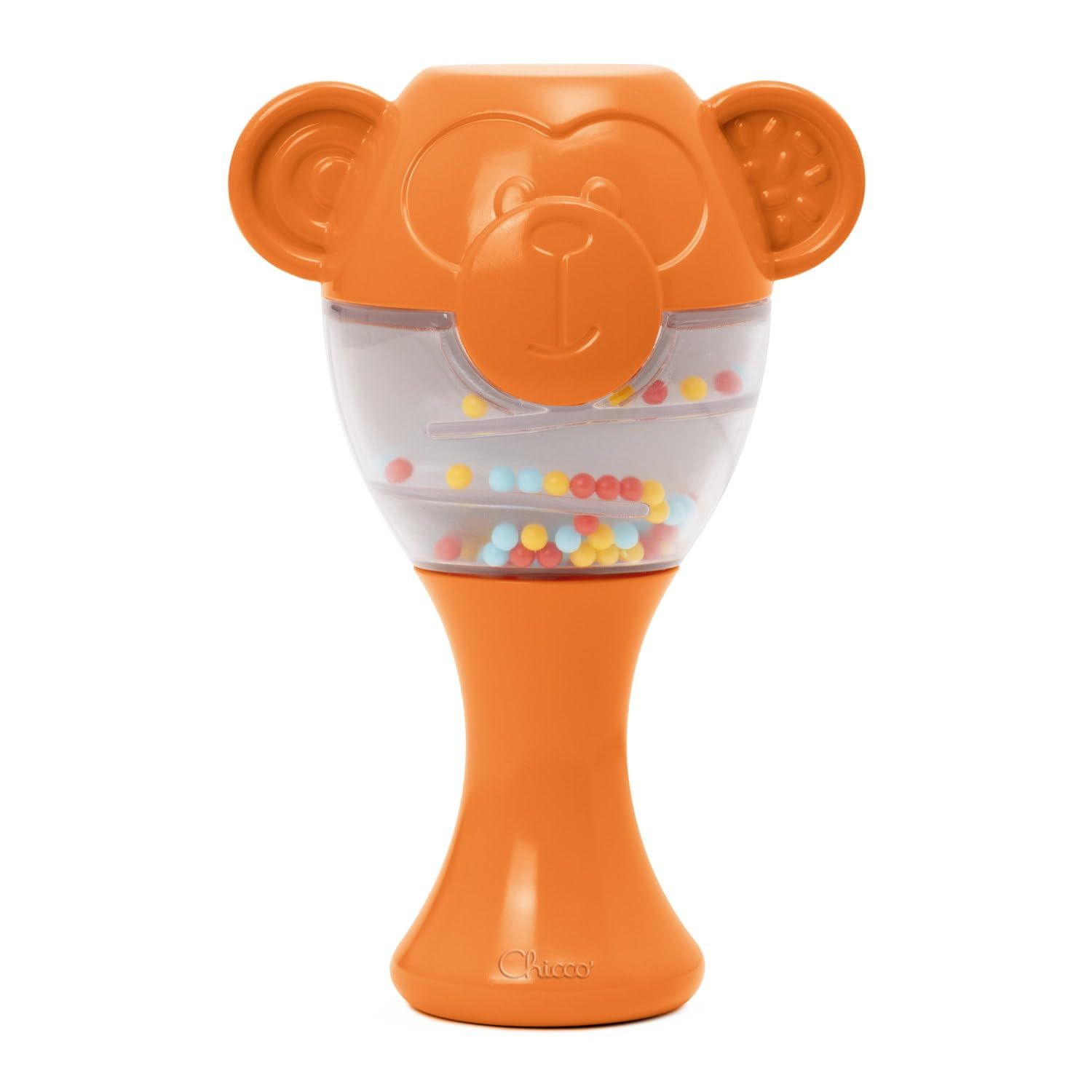 Orange Affen-Rassel mit transparentem Mittelteil, gefüllt mit bunten Kugeln. Chicco Logo unten.