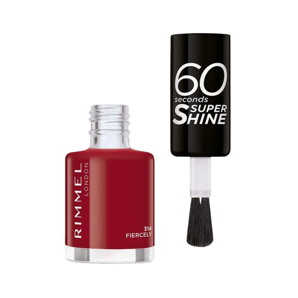 Rote Nagellackflasche mit Pinsel und schwarzem Deckel. Aufschrift: 60 seconds Super Shine, Rimmel London, 314 Fiercely.