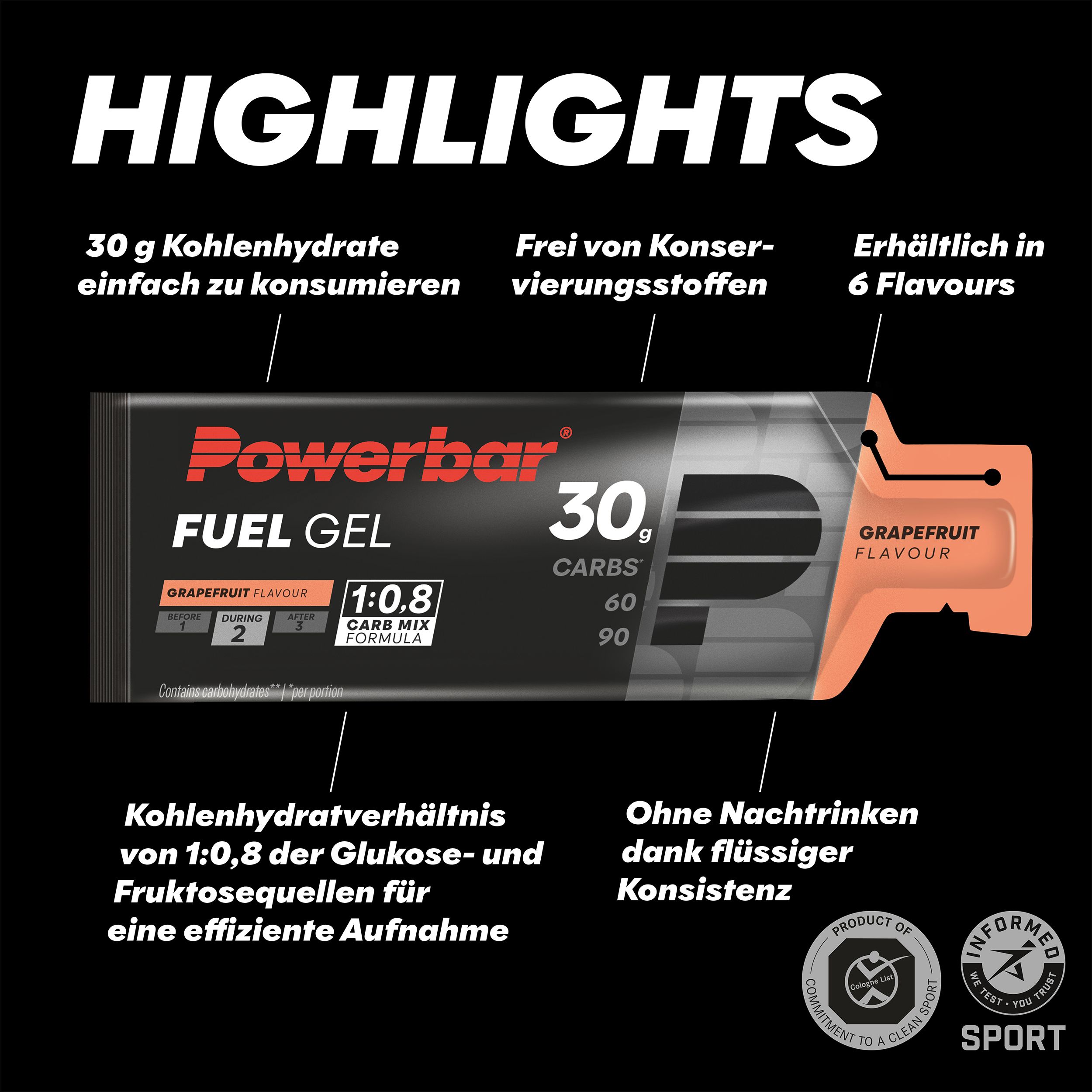 Powerbar Fuel Gel, Grapefruit-Geschmack. 30g Kohlenhydrate, 1:0.8 Carb Mix Formula. Enthält 6 Geschmacksrichtungen.