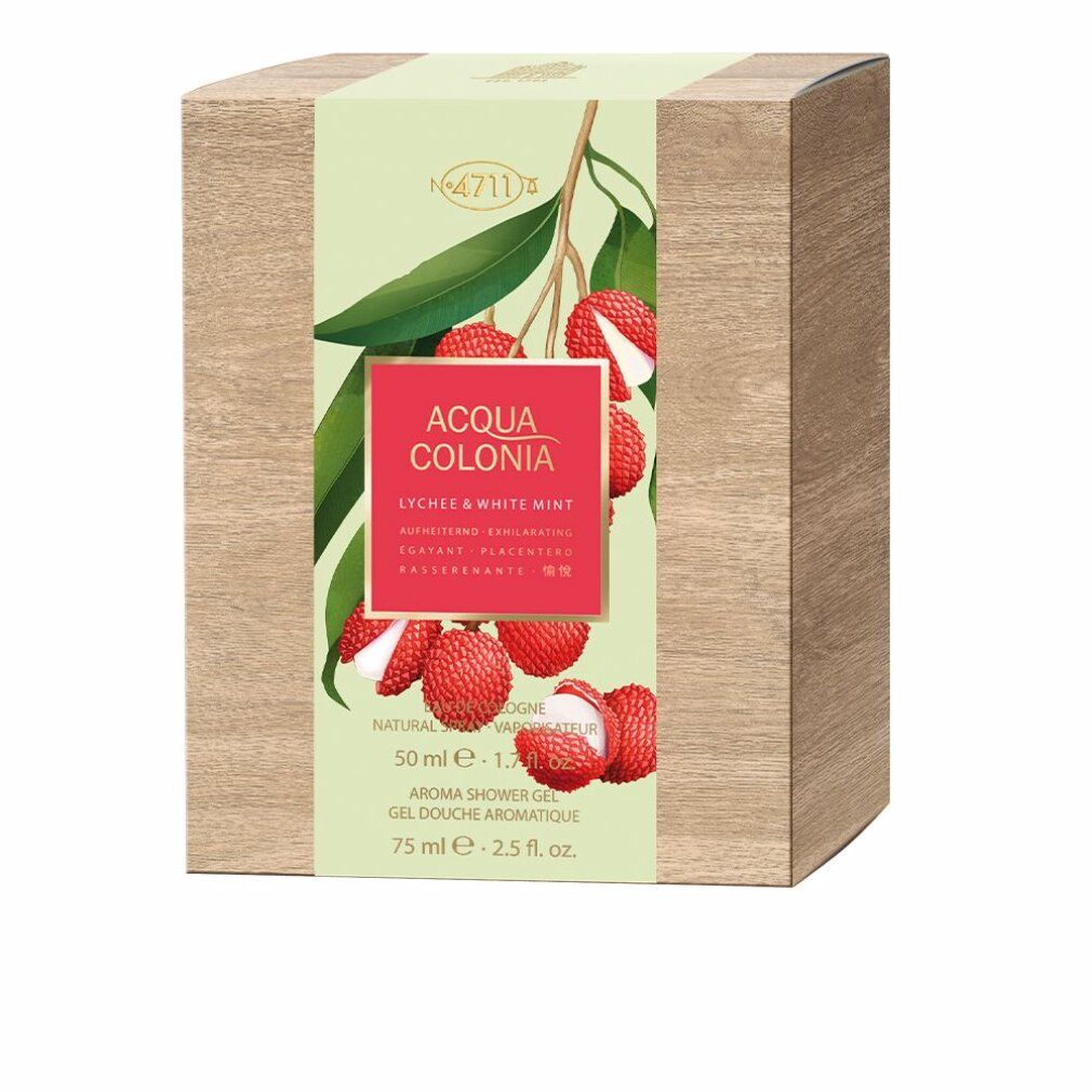 Kartonverpackung mit Produktabbildung. Rote Schrift auf grünem Hintergrund. Lychees und Blätter als Dekoration.