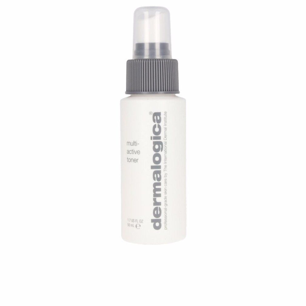 Weiße Sprühflasche mit grauem Sprühkopf. Aufschrift 'multi-active toner' und 'dermalogica'.