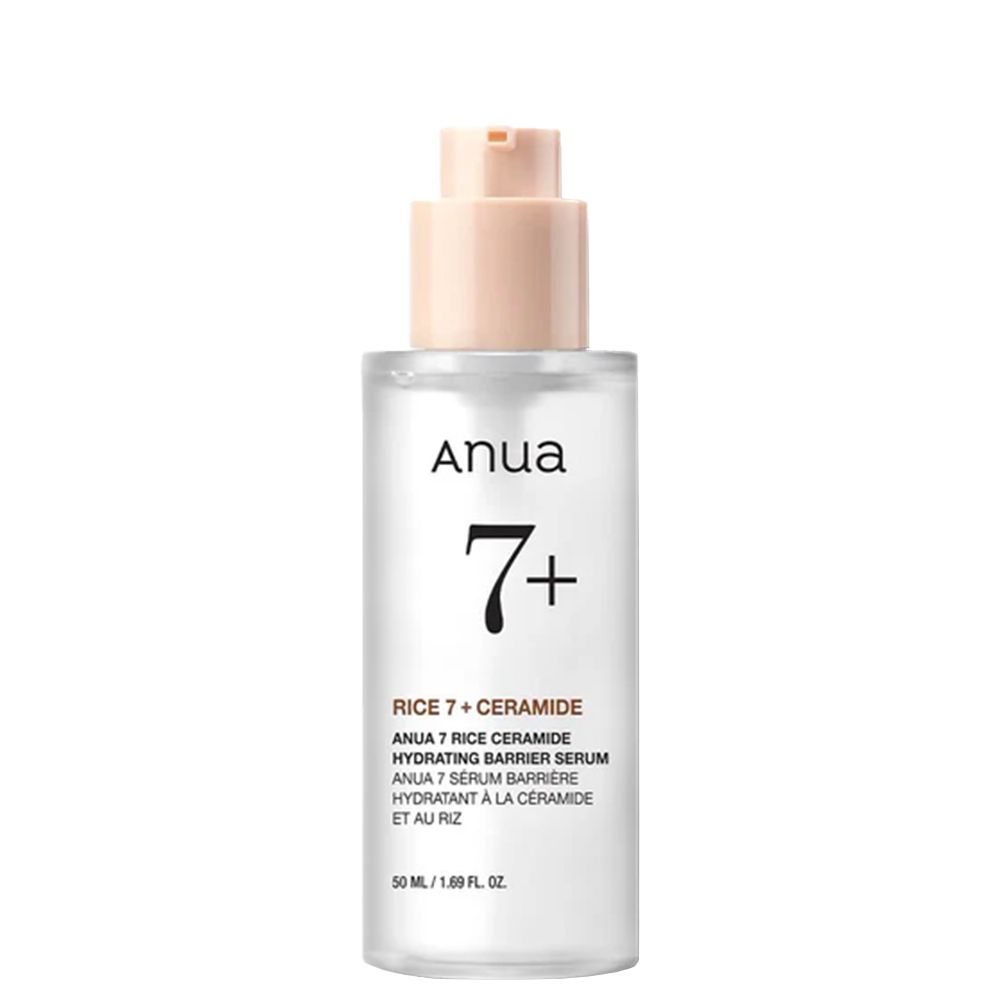 Anua 7+ Rice Ceramide Hydrating Barrier Serum in einer Glasflasche mit Pumpspender.
