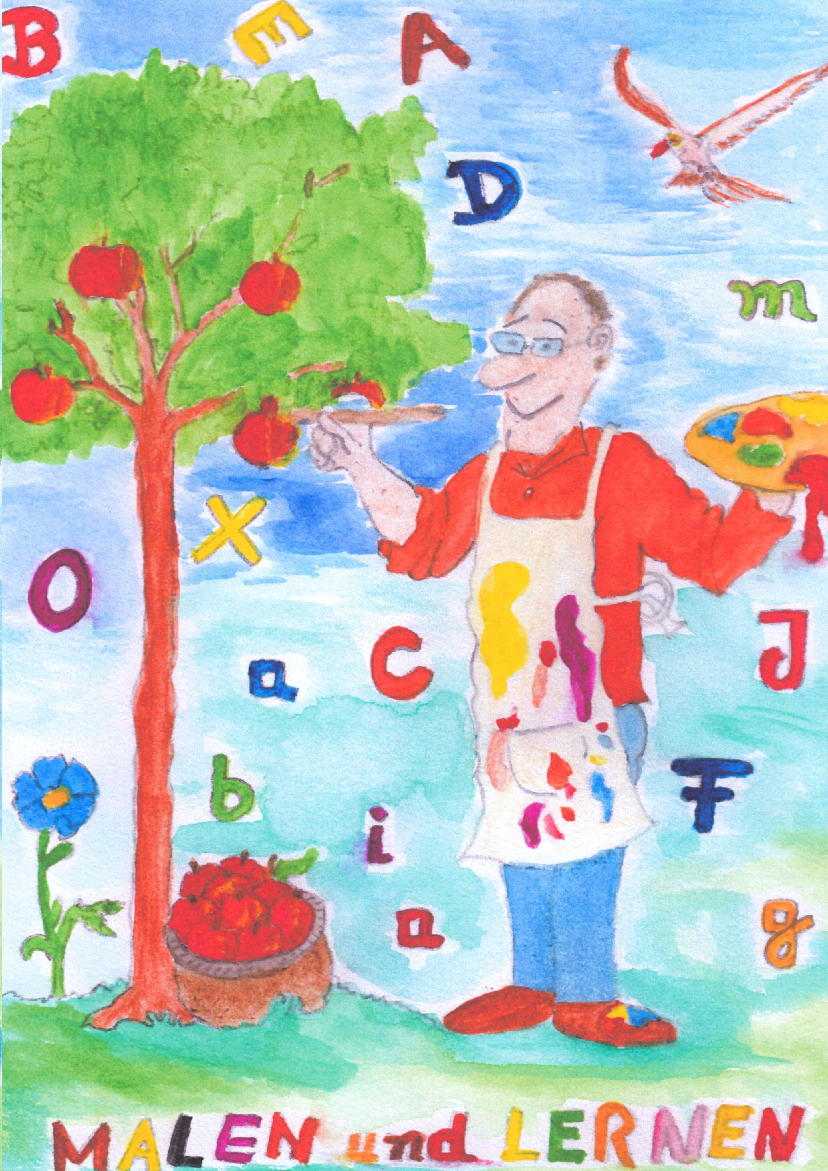 Aquarellzeichnung mit Mann, Baum, Äpfeln, Buchstaben und dem Schriftzug "MALEN und LERNEN".