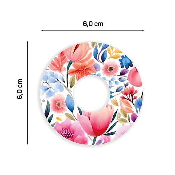 Rundes Pflaster mit Blumenmuster. Durchmesser 6,0 cm. Rosa, blaue und weiße Blüten auf weißem Hintergrund.