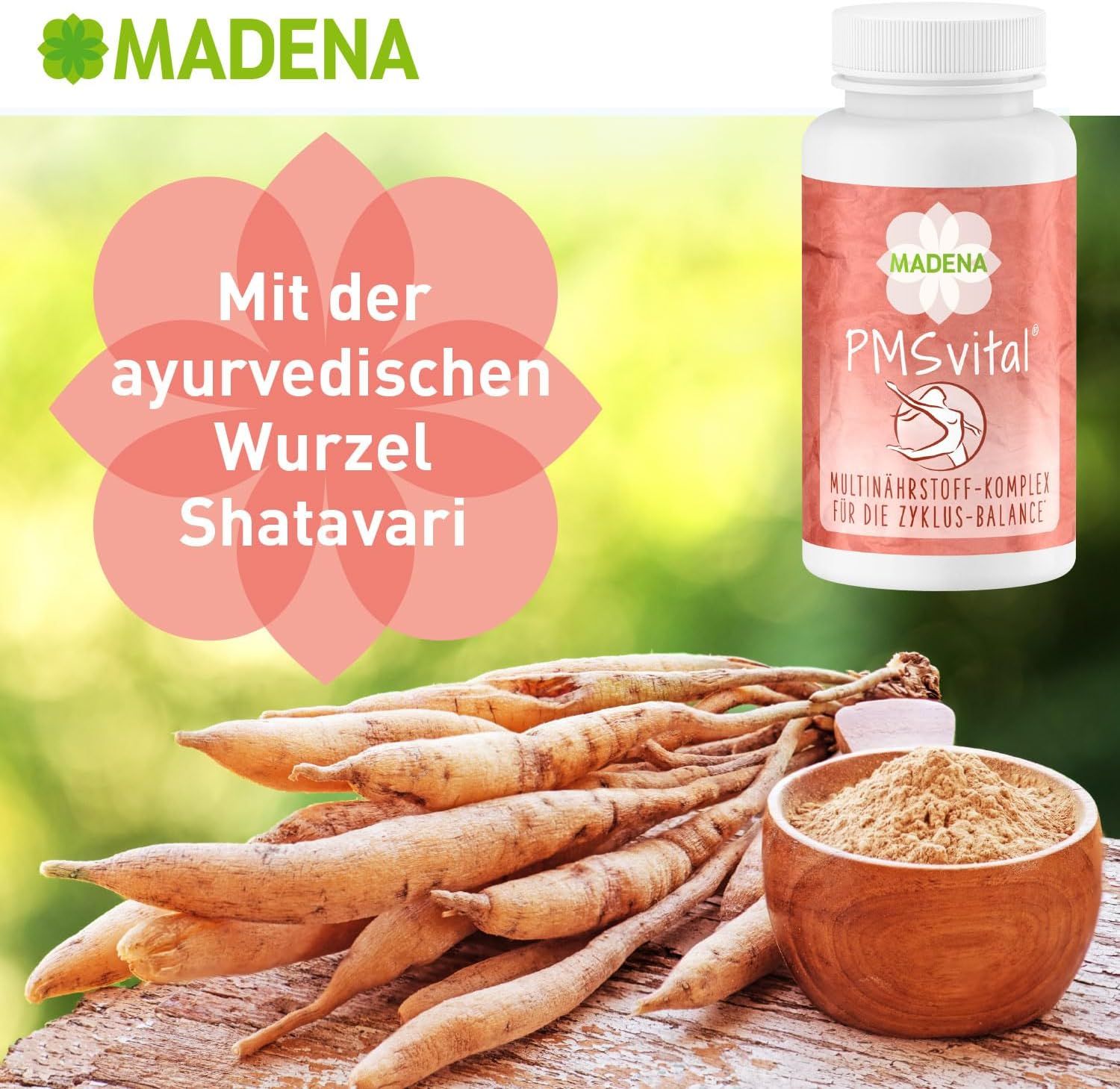 Produktflasche mit Etikett. Text: MADENA, PMSvital, Multinährstoff-Komplex für die Zyklus-Balance. Shatavari-Wurzel und Pulver.