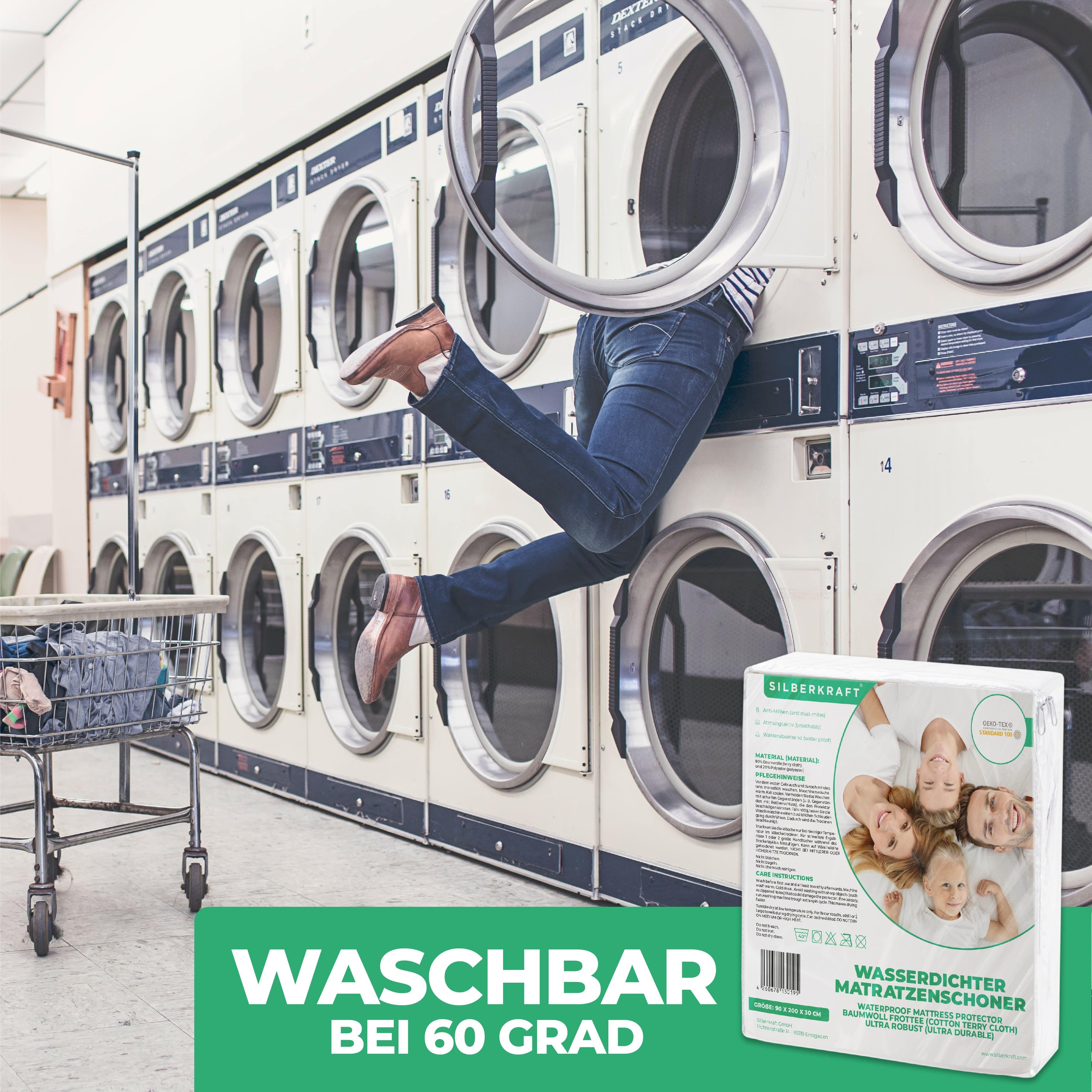 Verpackung des SILBERKRAFT Anti-Milben Matratzenschoners. Waschbar bei 60 Grad. Person in Waschmaschine. Wasserundurchlässiger Matratzenschoner.