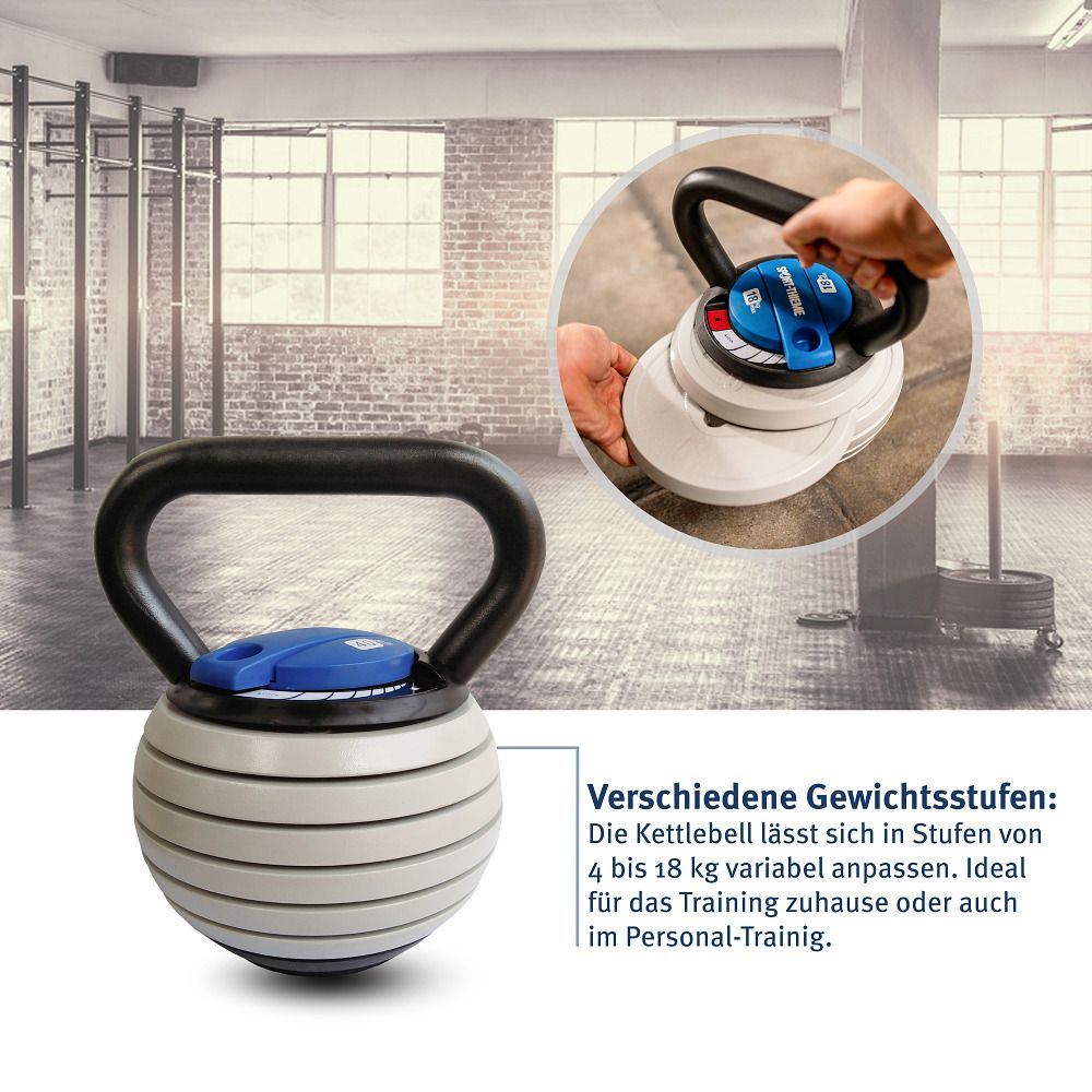 Kettlebell Vario, Detailansicht. Blaues Element und Scheiben. Text: Verschiedene Gewichtsstufen. Einstellbar von 4 bis 18 kg.