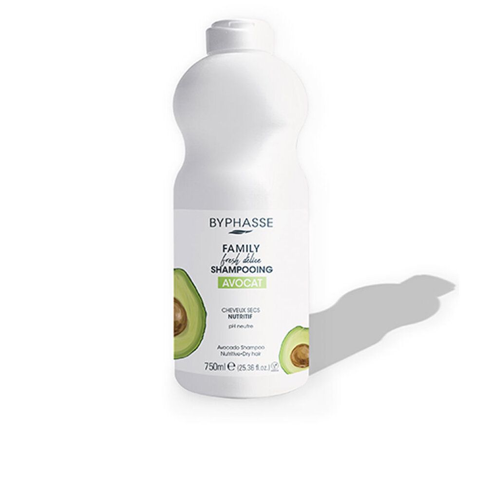 Weiße Shampoo-Flasche mit Byphasse-Logo und Avocado-Abbildung. Text: Family Fresh Delice Shampooing Avocat, für trockenes Haar.