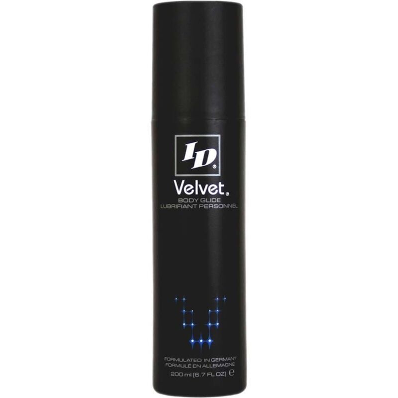 Schwarze Flasche mit Aufschrift "ID Velvet Body Glide". Text darunter: "Lubrifiant Personnel". Unterer Teil: "Formulated in Germany".