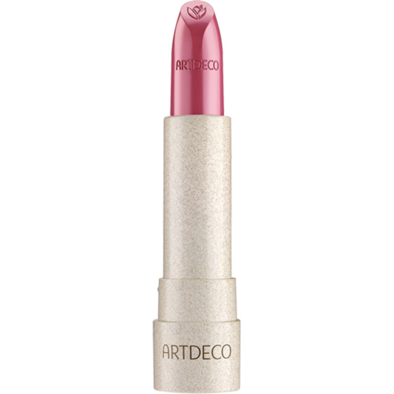 Lippenstift mit rosafarbenem Stift und hellem Gehäuse. Der Lippenstift ist teilweise herausgedreht. Auf dem Gehäuse steht ARTDECO.