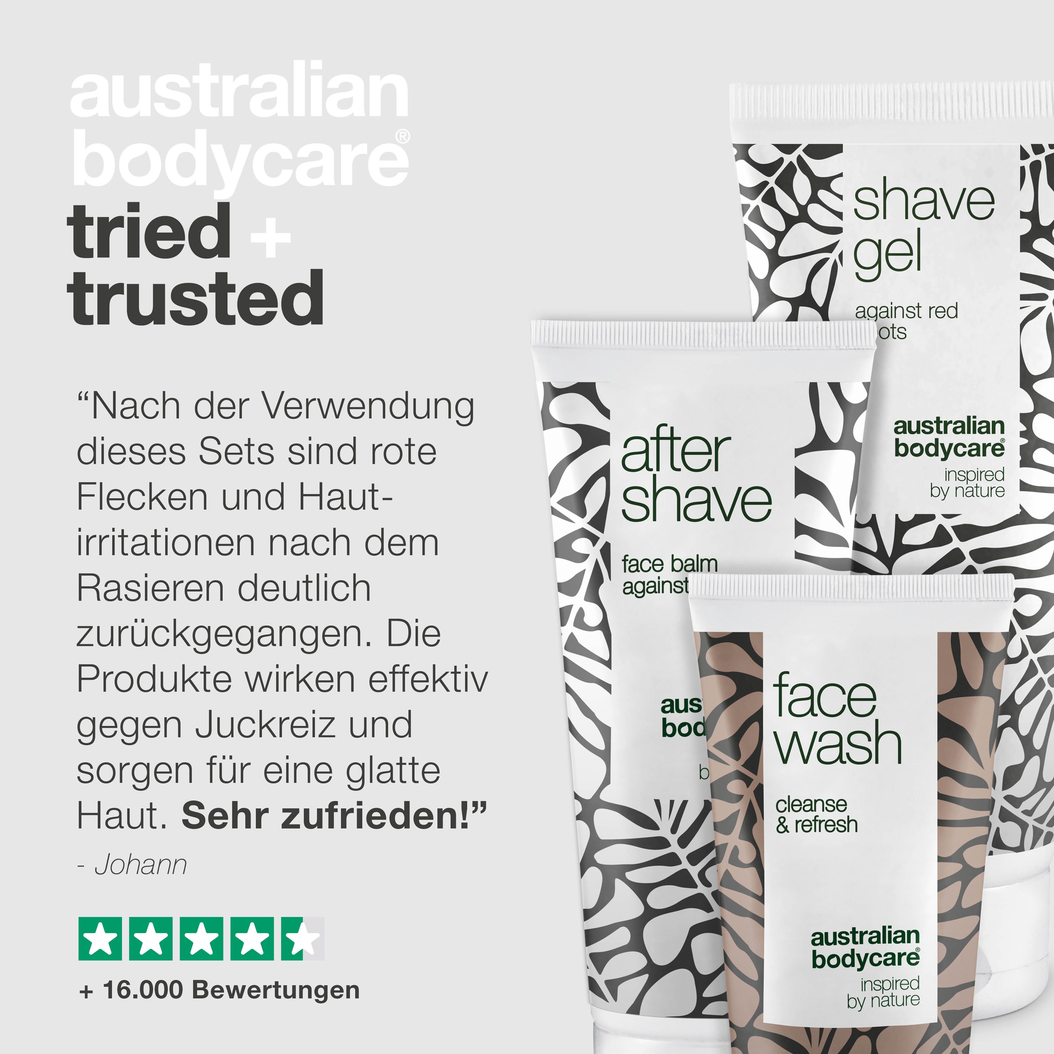 3 Tuben. Aufschrift: Shave Gel, After Shave, Face Wash. Marke: Australian Bodycare. Text: Tried + Trusted.