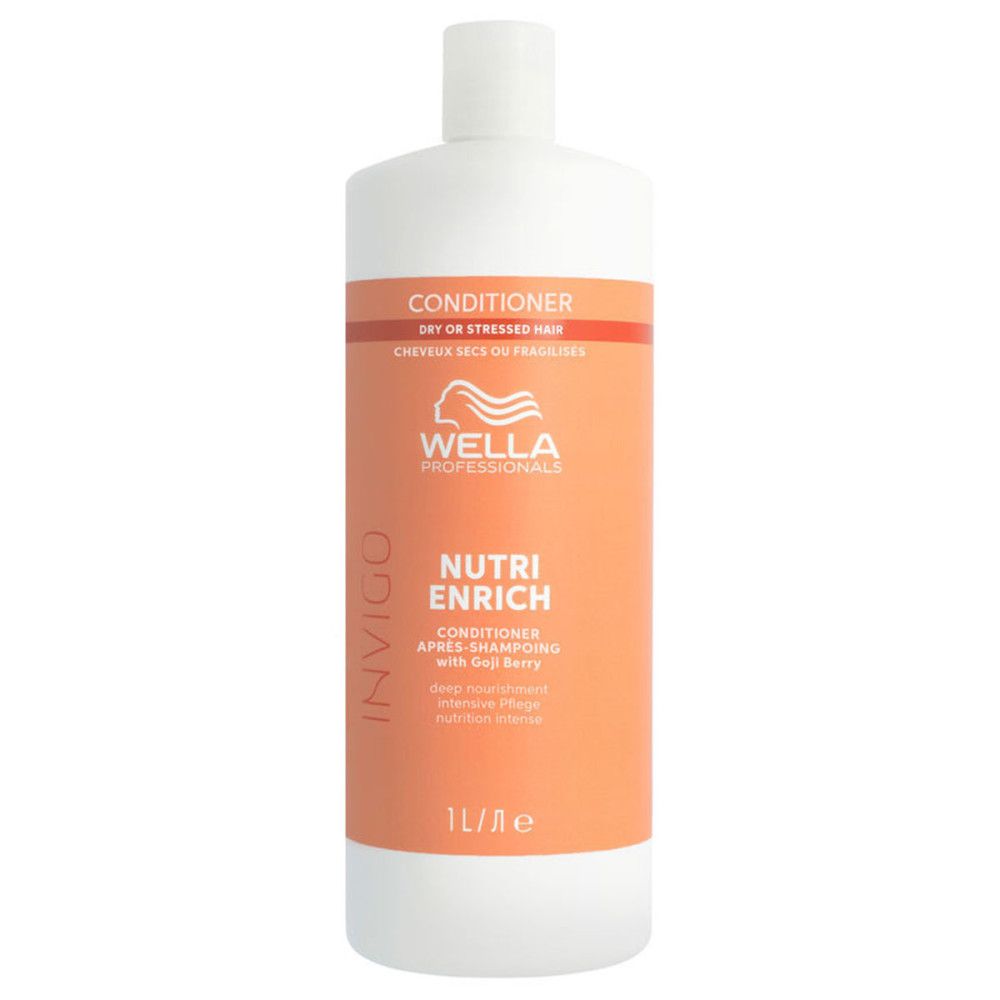 Weiße Flasche mit orangefarbenem Etikett. Aufschrift: Wella Invigo Nutri Enrich Conditioner. 1L.