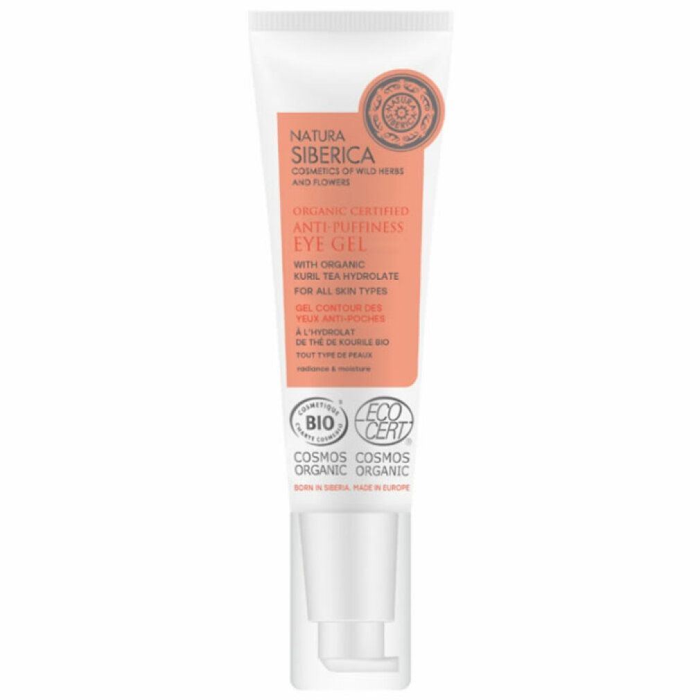 Tube mit Produktinformationen und Bio-Zertifizierung. Text: Anti-Puffiness Eye Gel, Natura Siberica, Cosmos Organic.
