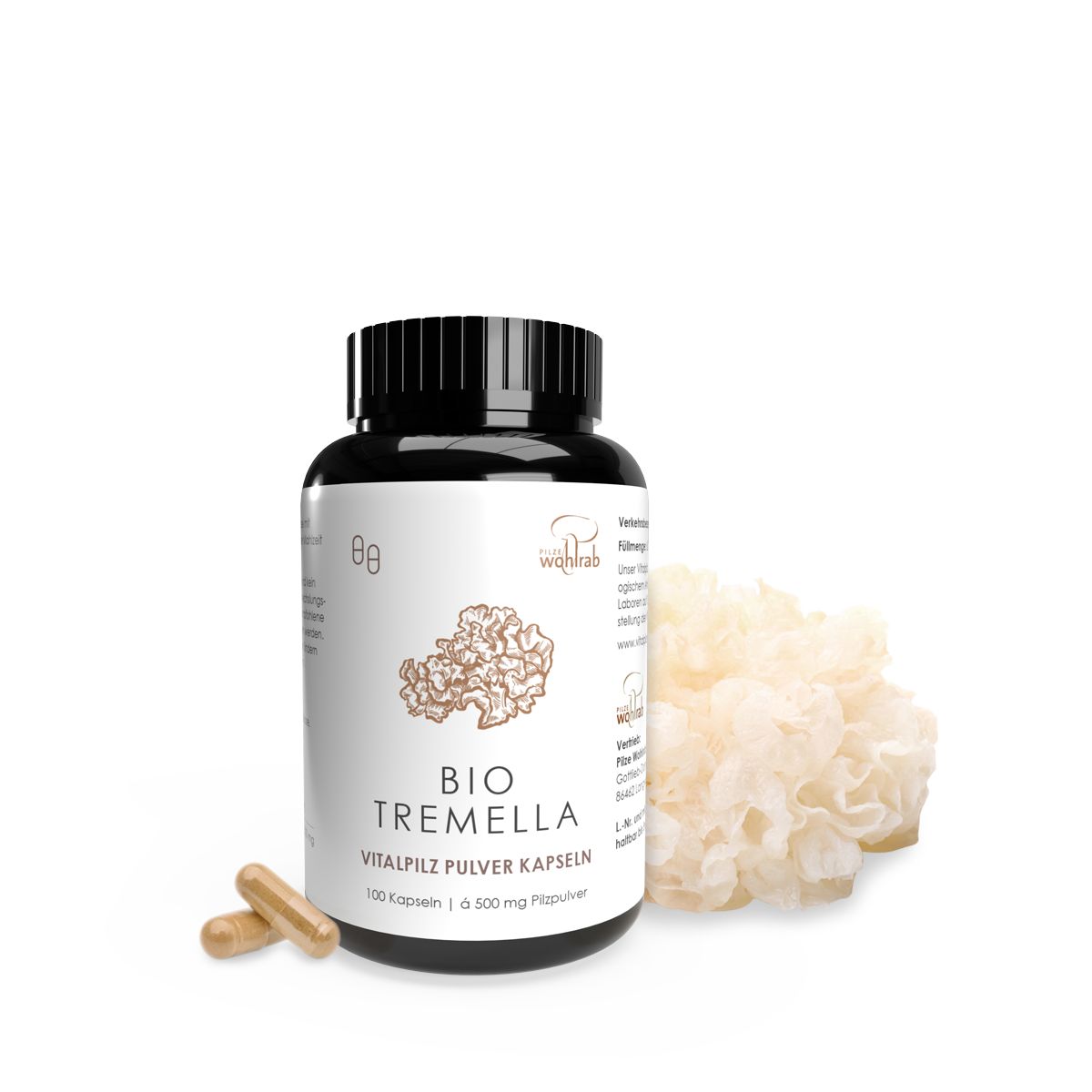 Braune Pillendose, Pilz und Kapseln. Aufschrift: BIO TREMELLA Vitalpilz Pulver Kapseln.
