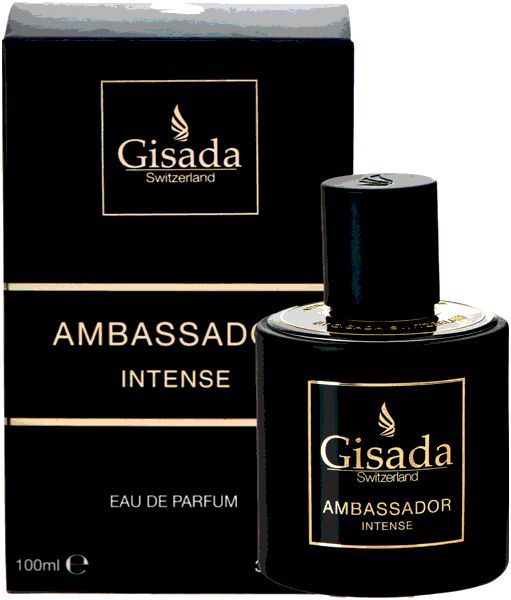Gisada Ambassador Intense Eau de Parfum Flakon in Schwarz mit goldenem Etikett.
