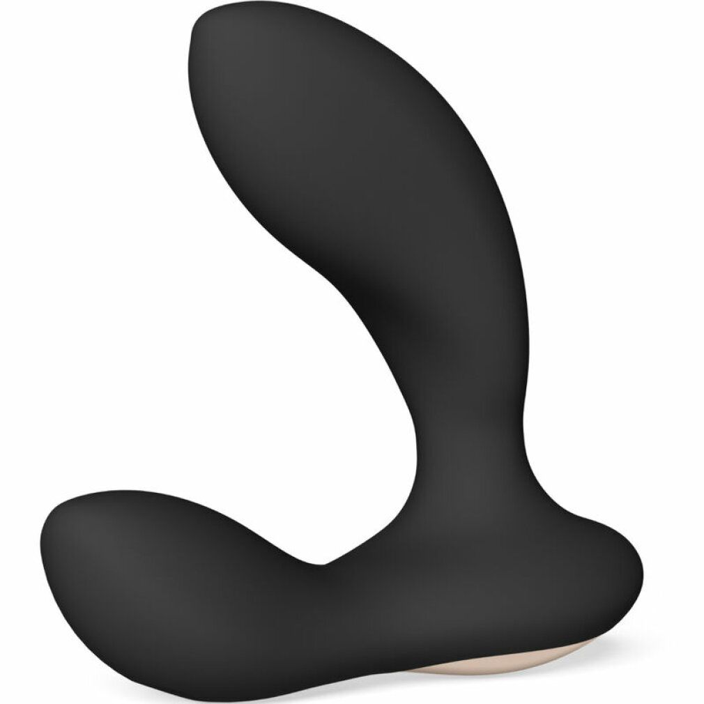 Schwarzer Vibrator. Geschwungene Form mit zwei Enden. Beige Basis. Wellness-Produkt.