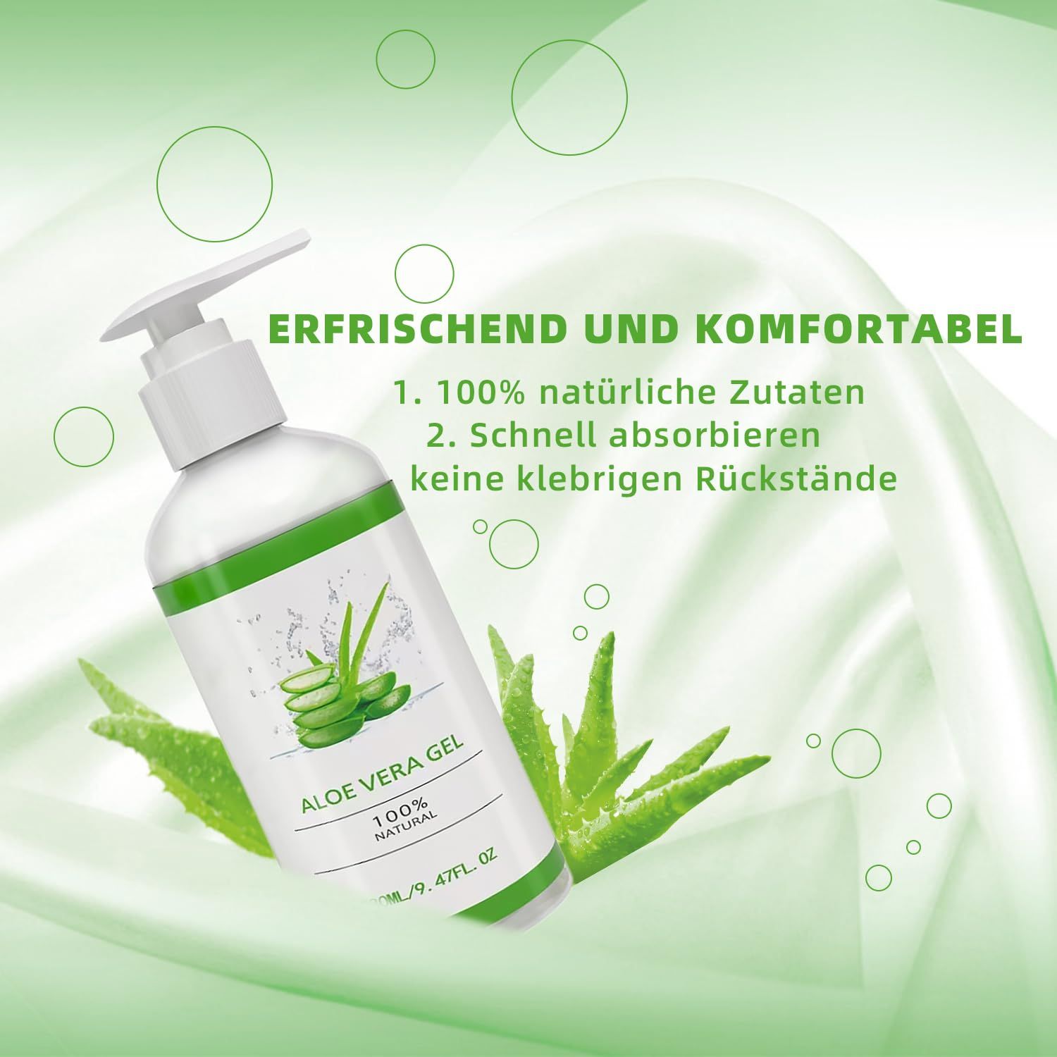 Aloe Vera Gel Flasche mit Spender, umgeben von Aloe Vera Blättern. Aufschrift: Aloe Vera Gel, 100% natürlich. Hintergrund in Grün.