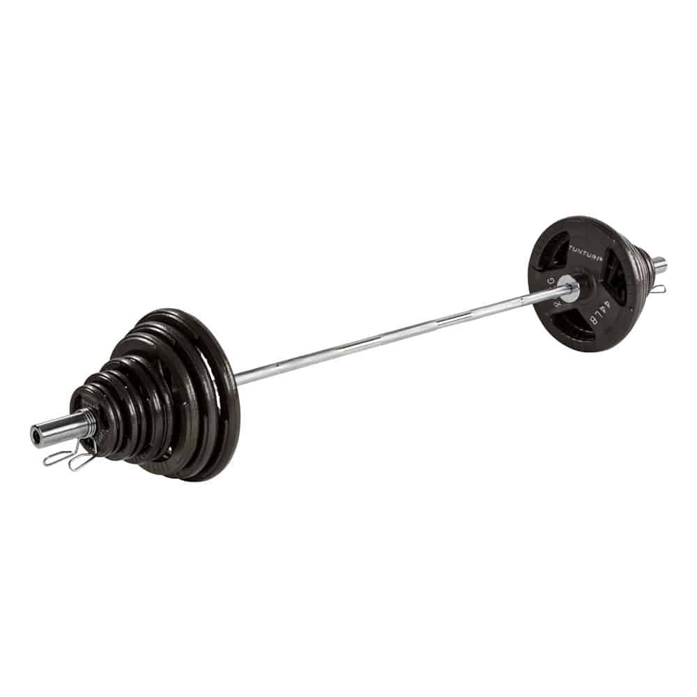 Hantelstange mit schwarzen Gewichtsscheiben. Scheiben unterschiedlicher Größe. Metallstange mit Sicherungen.