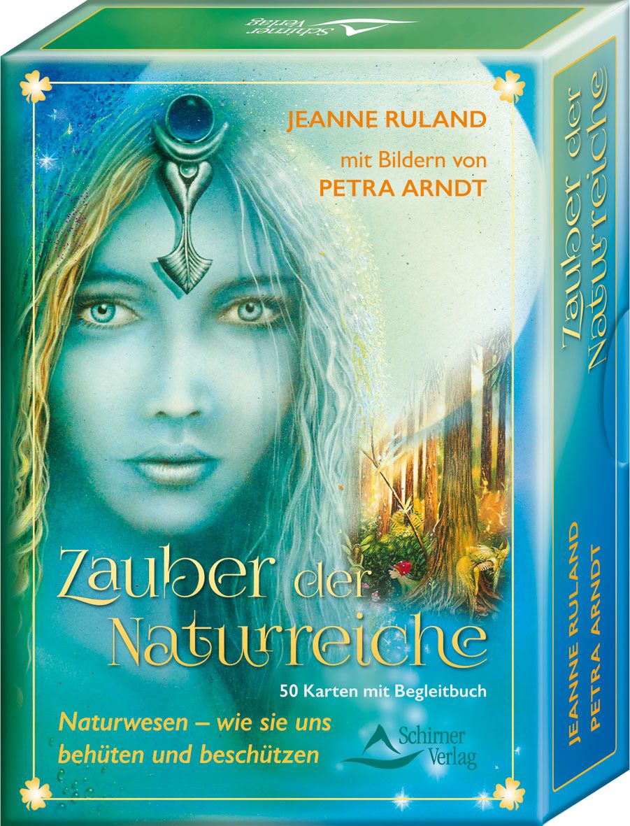 Kartenset "Zauber der Naturreiche" mit Begleitbuch. Auf der Verpackung ist ein blaues Gesicht mit Schmuck abgebildet. Titel und Autorennamen sind sichtbar.