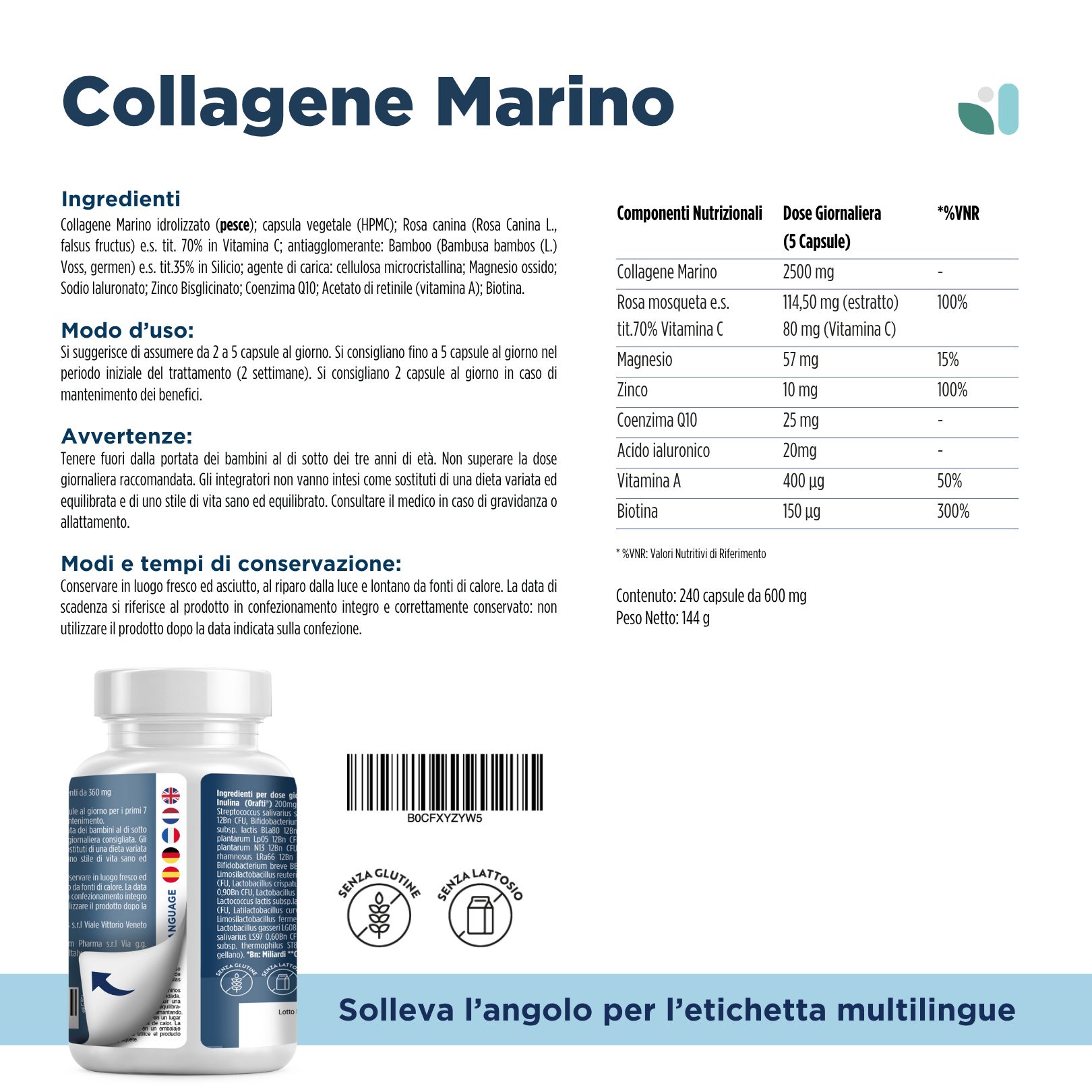 Produktflasche mit Zutatenliste und Nährwertangaben. Text: Collagene Marino, 240 Kapseln. Glutenfrei, laktosefrei.