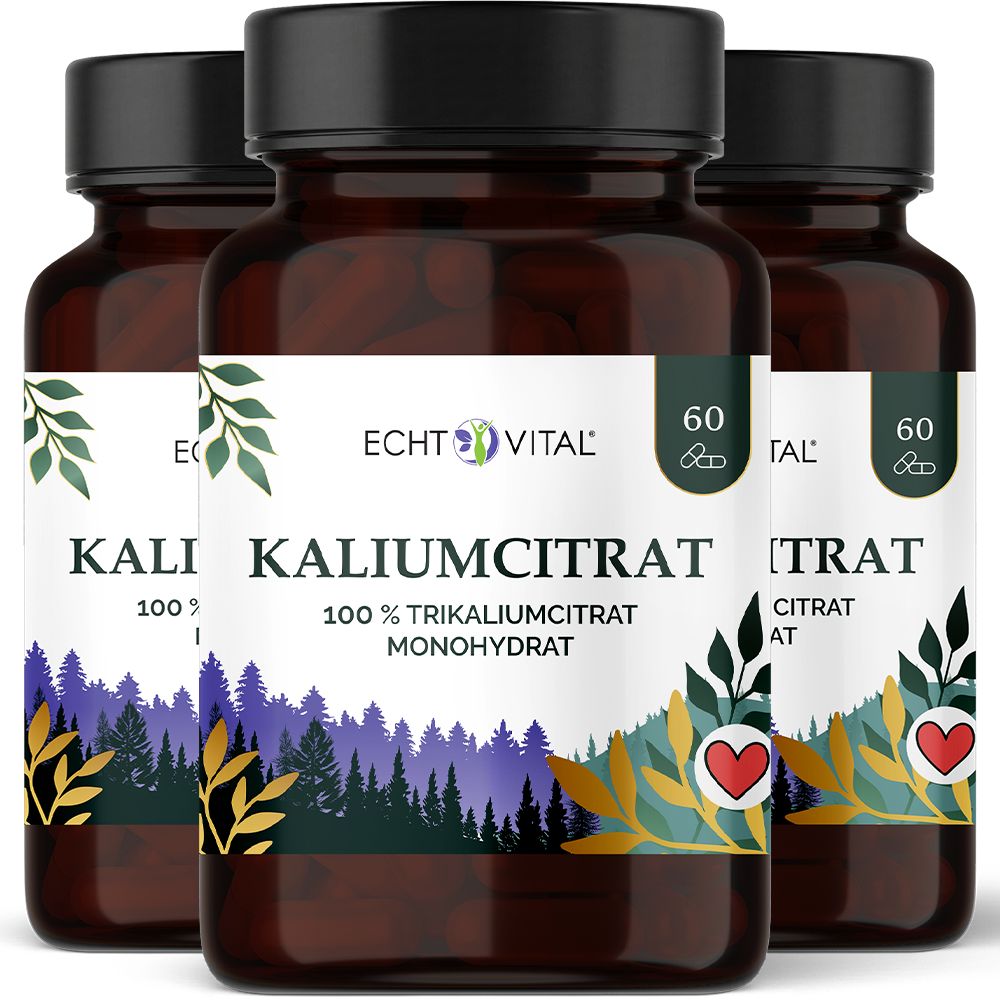 Drei Flaschen Echt Vital Kaliumcitrat mit 60 Kapseln. Dunkle Glasflaschen mit Etikett, das einen Wald und Berge zeigt.