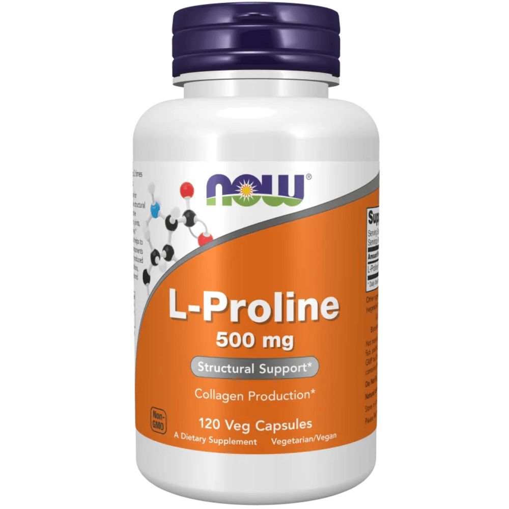 Flacone bianco con tappo blu. Scritta: L-Prolina, 500 mg, 120 capsule vegetali. Marchio: NOW.
