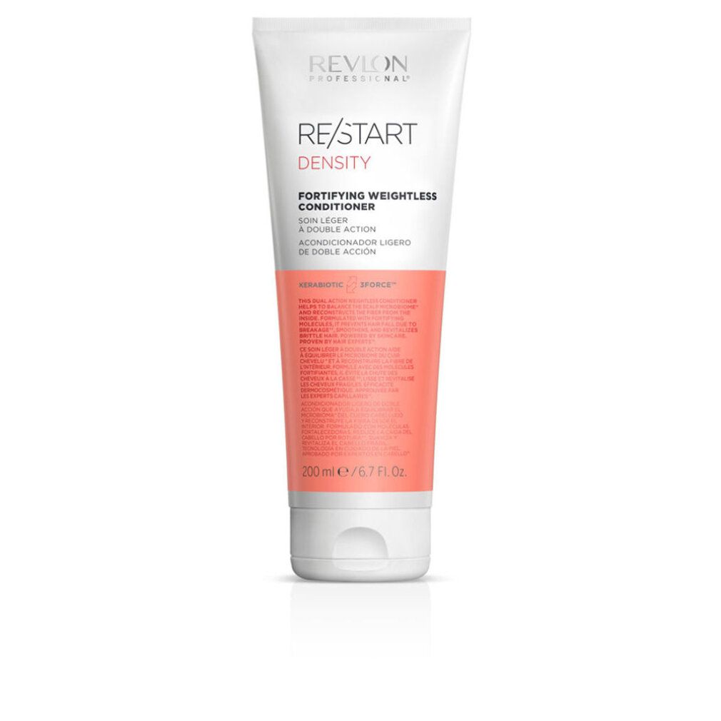 Weiße Tube Revlon Re-Start Density Conditioner. Text: Fortifying Weightless Conditioner. Orangefarbener Abschnitt.