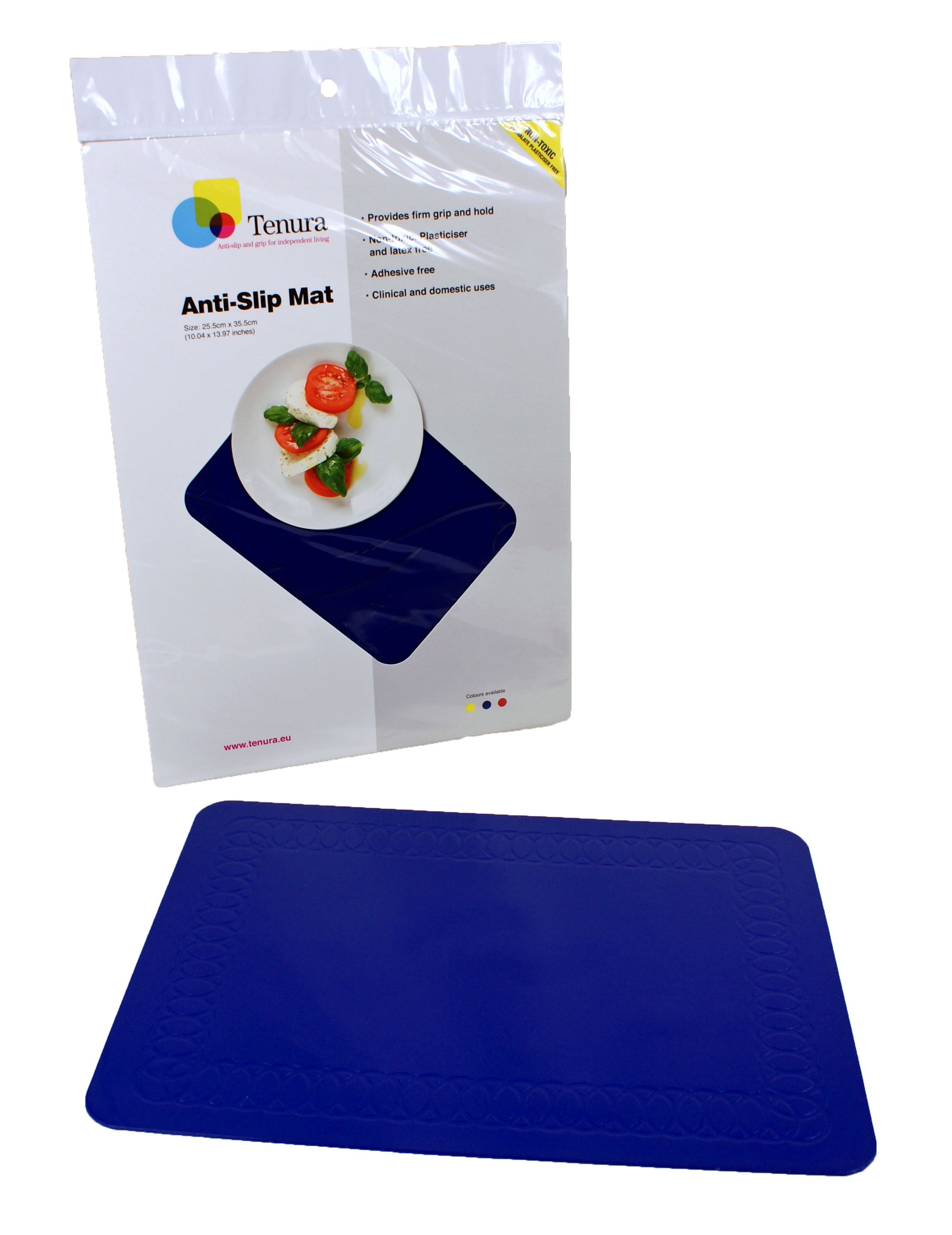 Blaue, rechteckige Anti-Rutsch-Matte. Verpackung mit Produktabbildung. Marke Tenura. Maße: 25 x 35 cm.